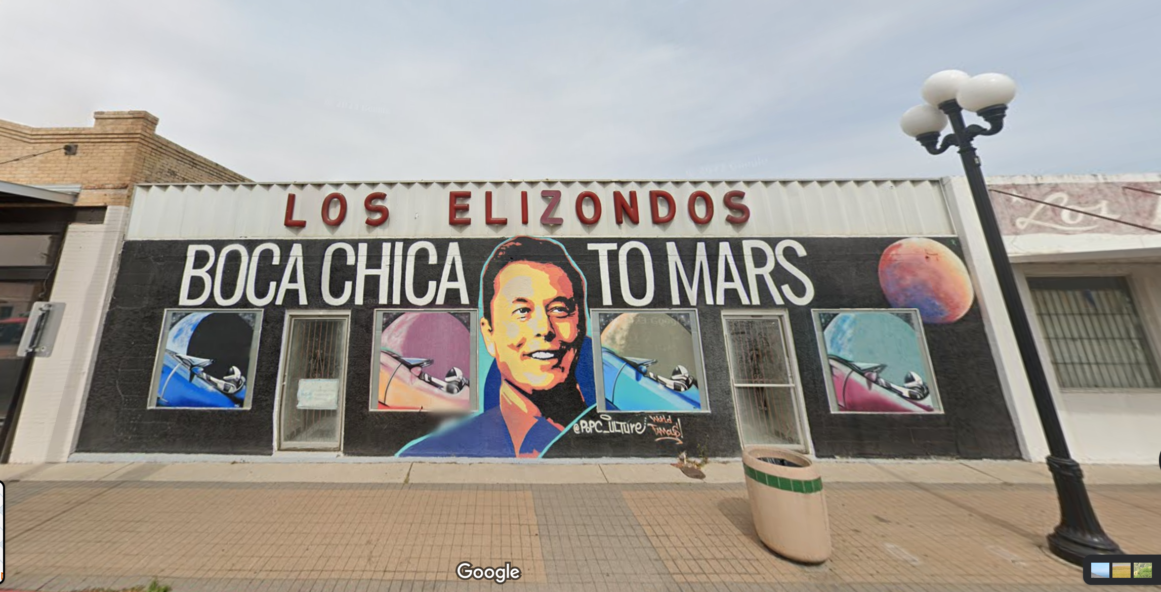 A mural by artist @popc_ulture depicting SpaceX, Tesla, and X CEO Elon Musk on a building in Brownsville, Texas