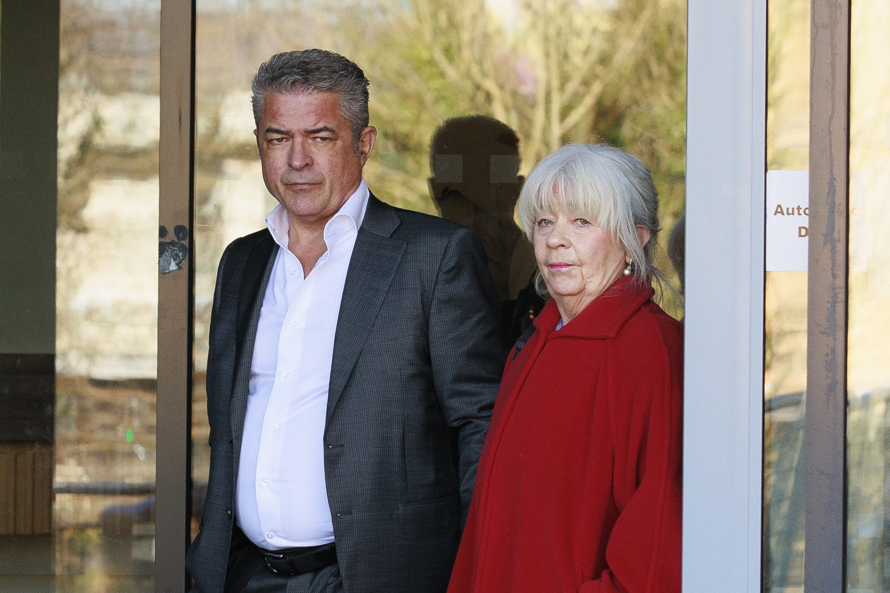 Andrew Rush (left) with his sister Siobhan Rose (nee Rush), children of Elizabeth ‘Libbi’ Rush, one of the victims of the Omagh bombing, leaving the Strule Arts Centre in Omagh, Co Tyrone (Liam McBurney/PA)