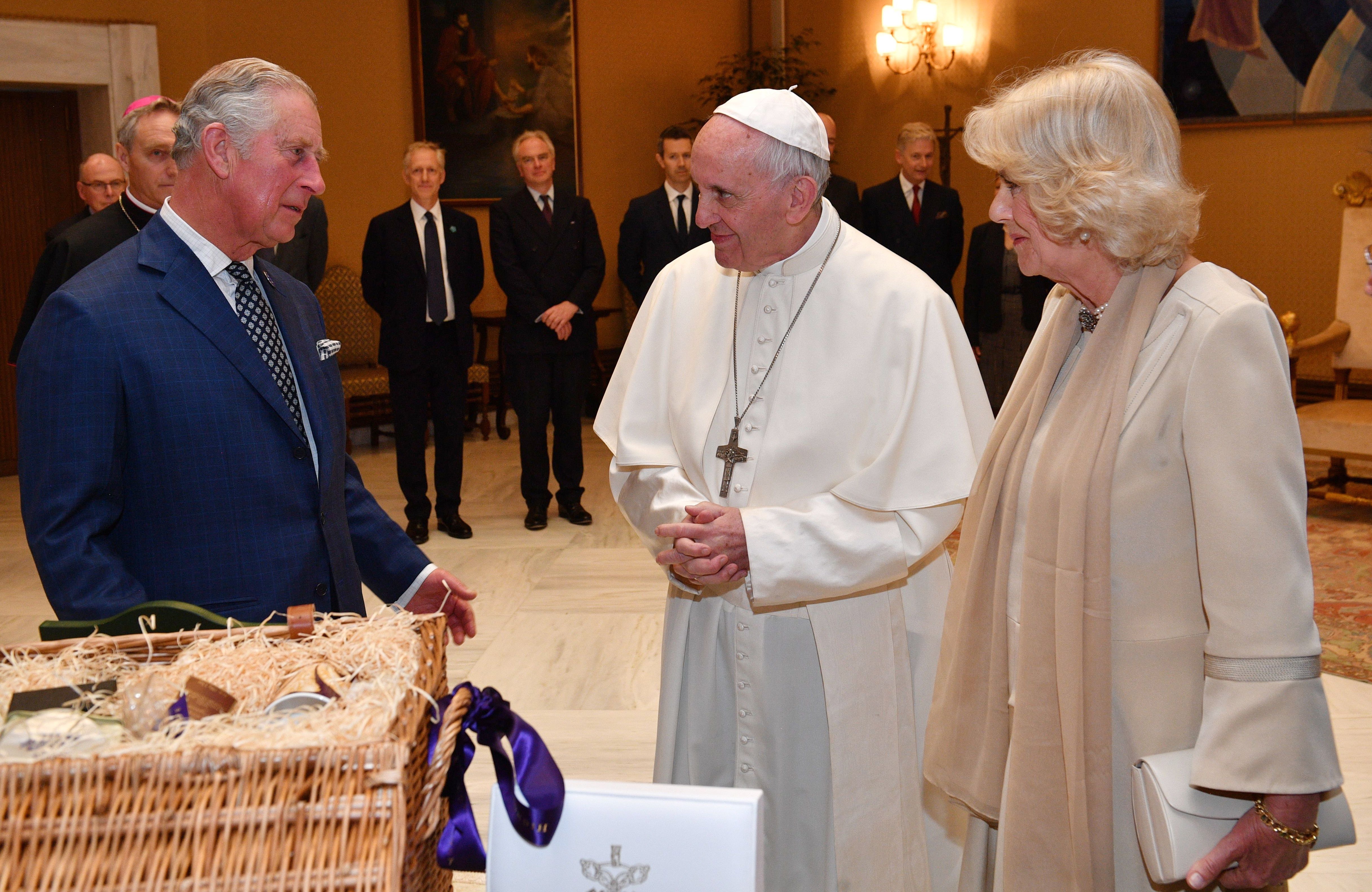 The then Prince Charles and Camilla, Duchess of Cornwall, meet Pope Francis at the Vatican in 2017