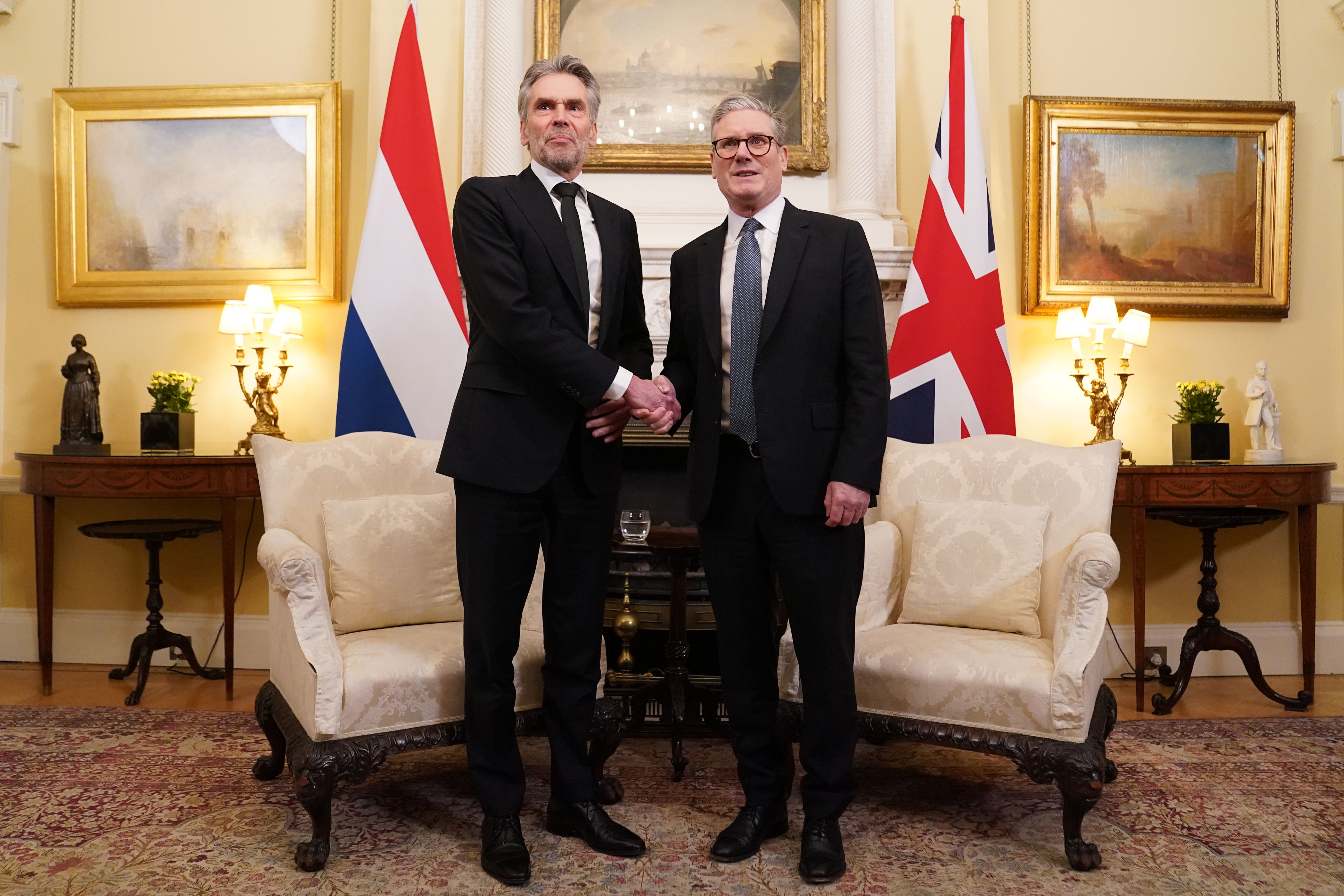 Prime Minister Sir Keir Starmer welcomes Netherlands Prime Minister Dick Schoof to 10 Downing Street, London, ahead of a bilateral meeting (Stefan Rousseau/PA)