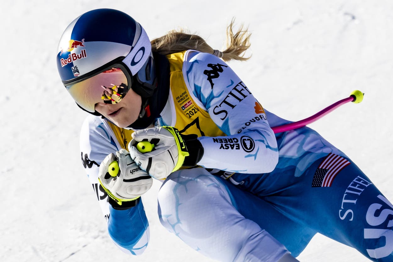 Lindsey Vonn in action at the FIS Alpine World Ski Championships in Saalbach, Austria (EPA)