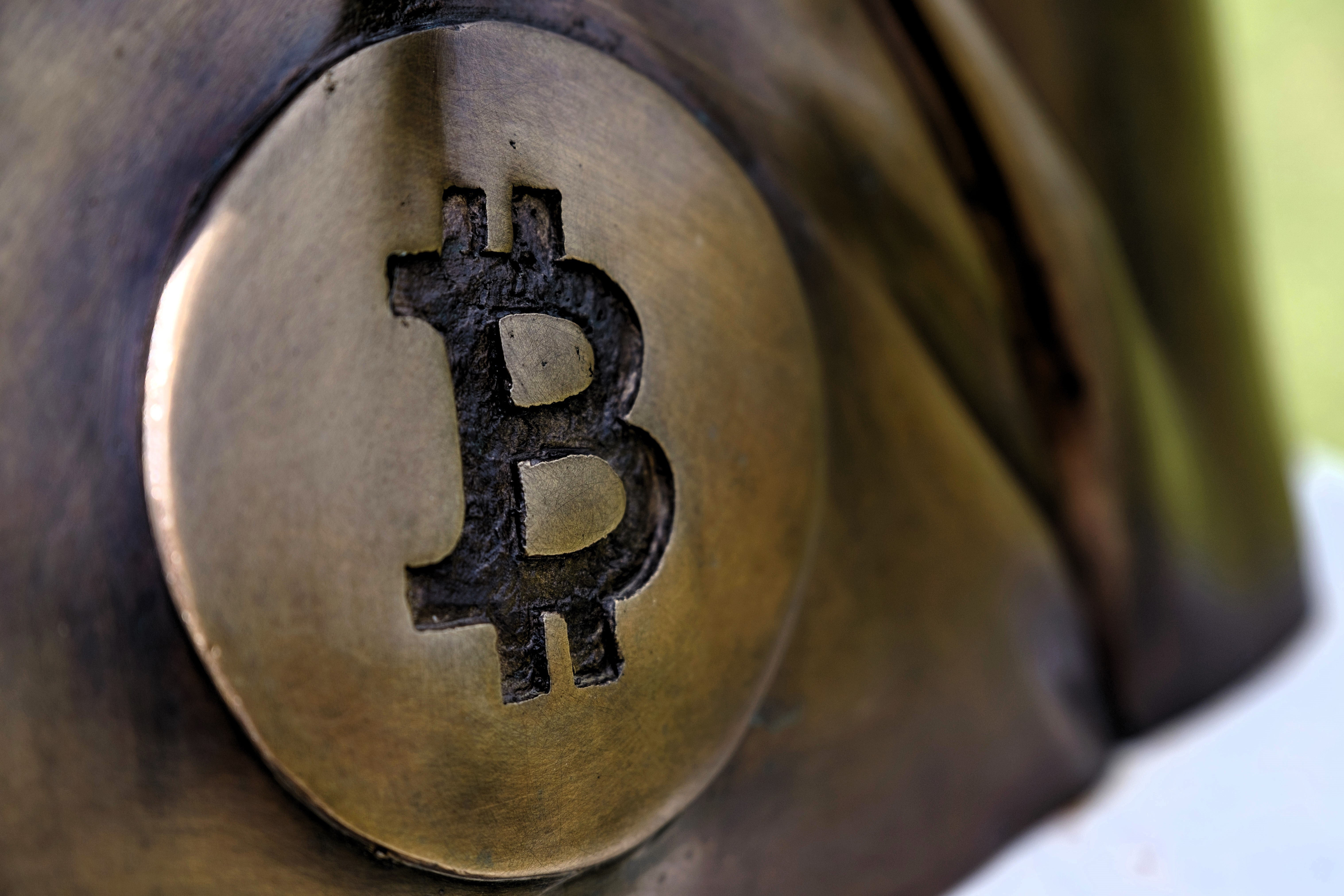 A detail of the statue of Satoshi Nakamoto, the pseudonymous inventor of bitcoin, which is displayed in Graphisoft Park on 22 September, 2021 in Budapest, Hungary