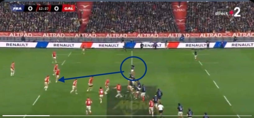 Antoine Dupont was often positioned in a wider channel for France against Wales, shooting out of the line to make tackles