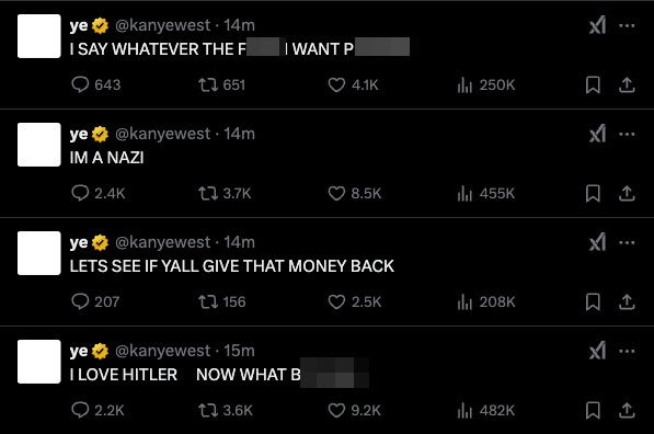 Some of the posts shared from Kanye West’s X account on Friday 7 February