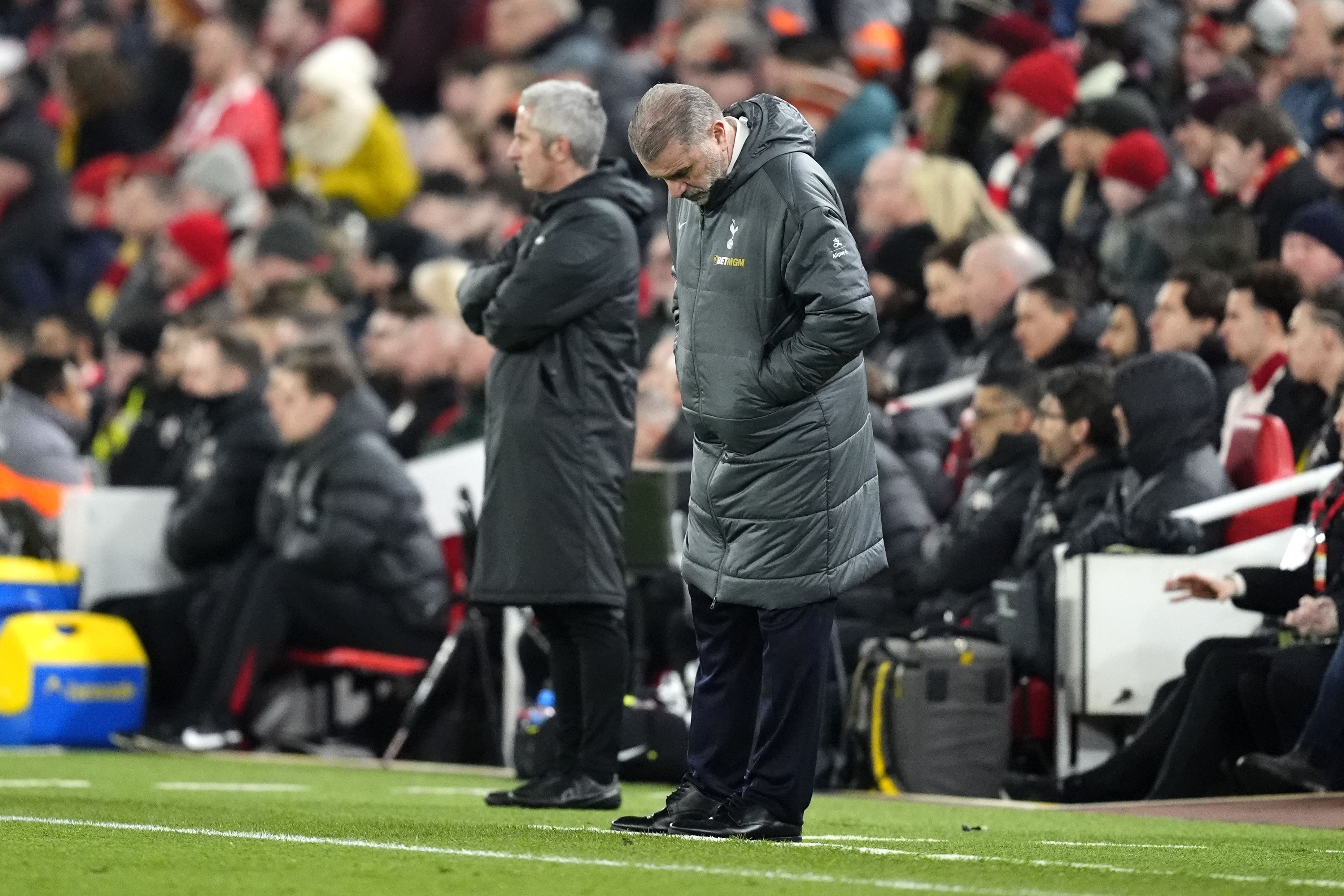 Tottenham boss Ange Postecoglou on the touchline at Anfield (Nick Potts/PA)