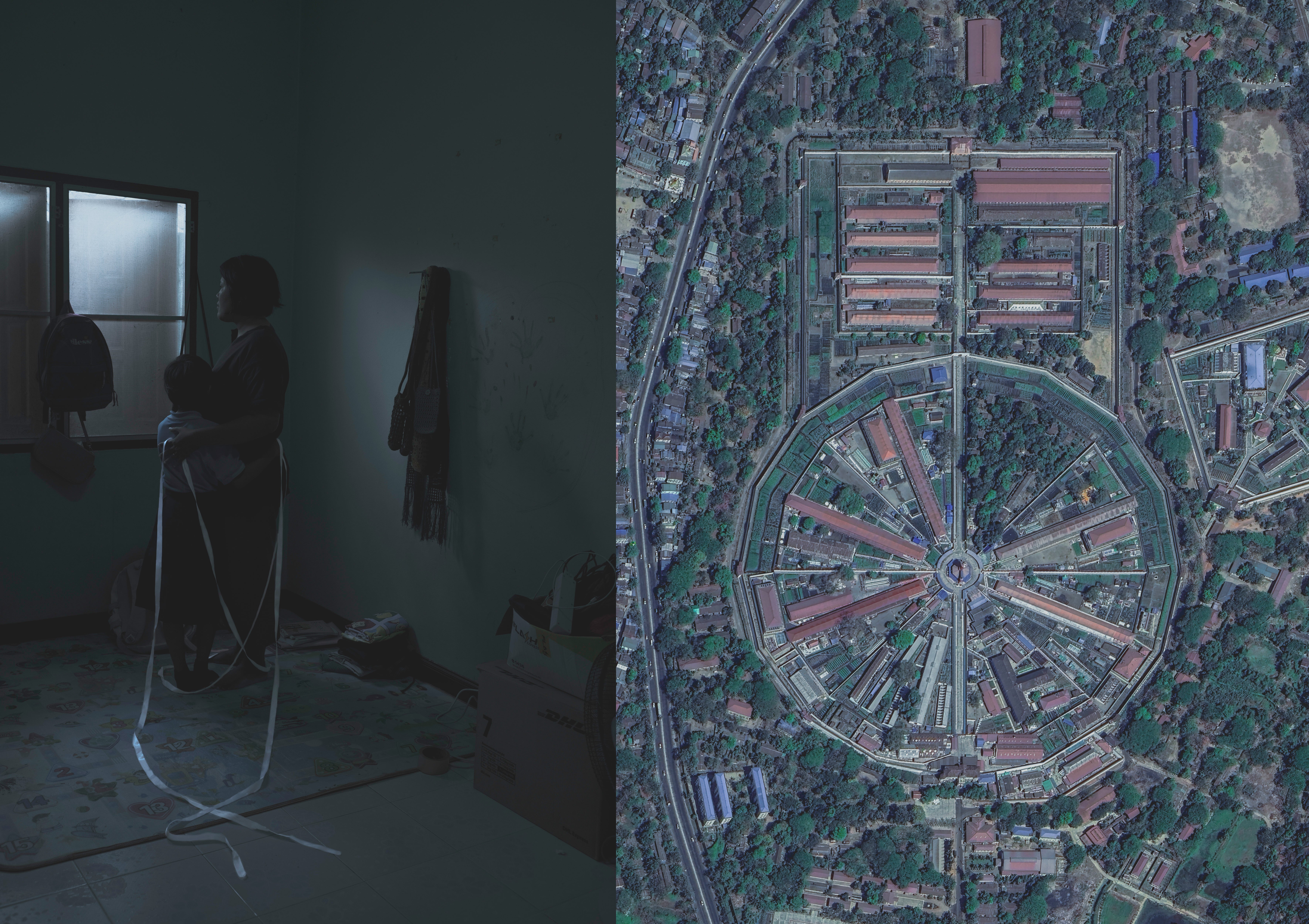 Ma ▇▇▇▇, an NLD MP, and her young daughter in a quiet moment near the Thai-Myanmar border; an aerial view of Insein Prison