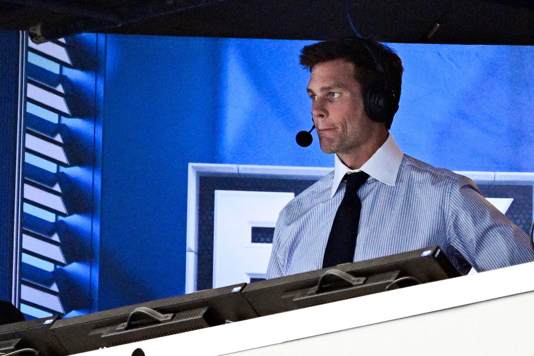 Tom Brady in the broadcast booth working for Fox