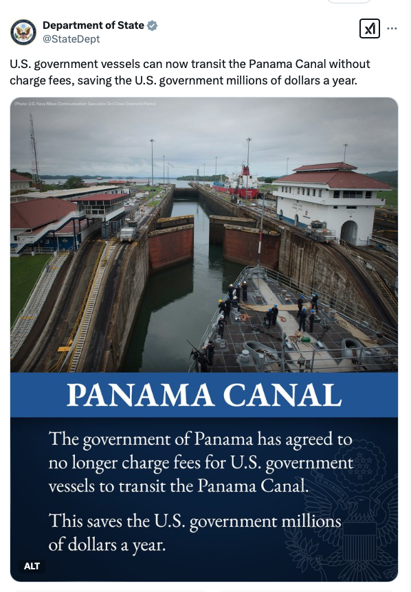 The U.S. Department of State said Panama had agreed to stop charging U.S. vessels passing through the canal