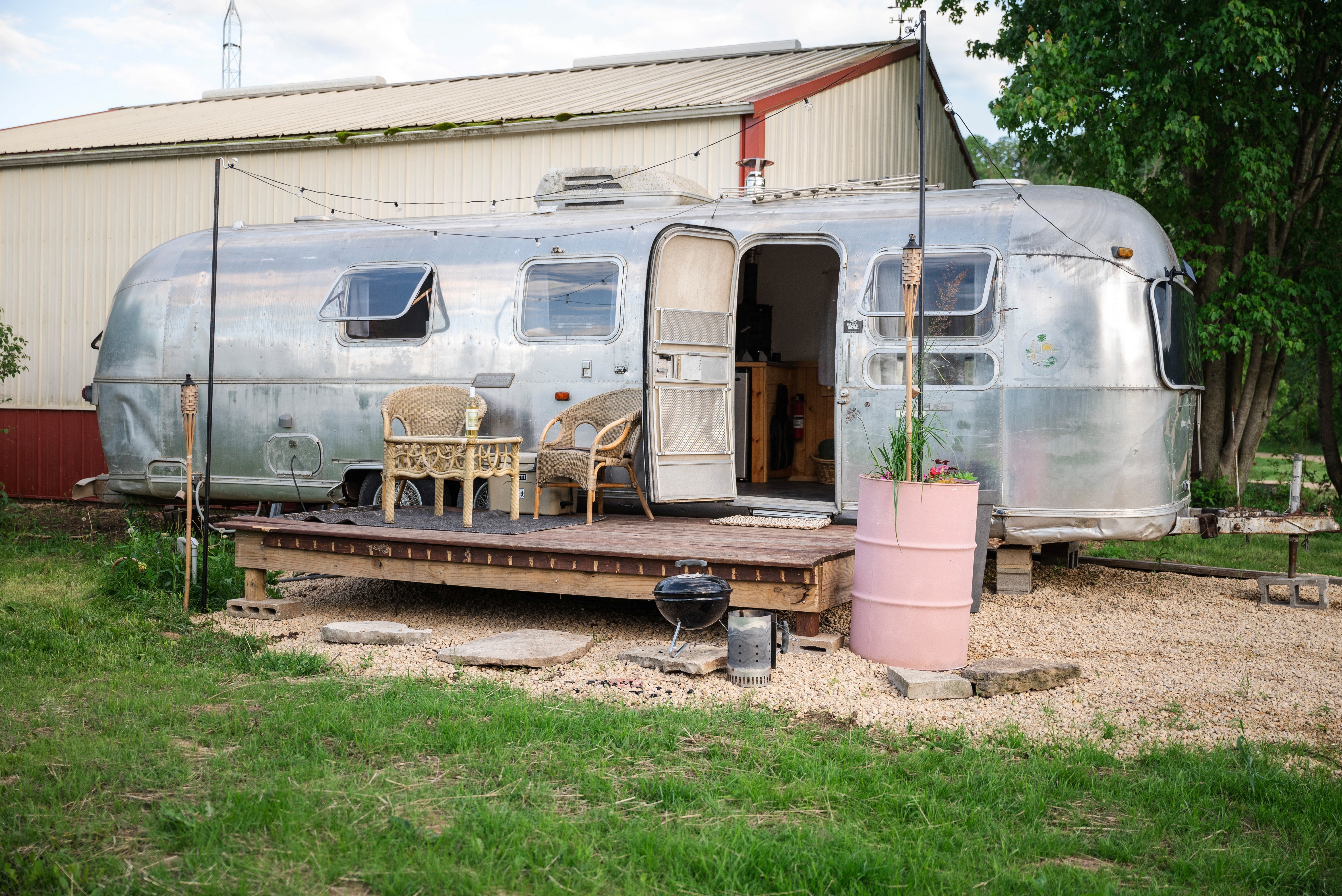 Farmer Brit Thompson's vintage Airstream camper, being used as an Airbnb rental to capitalize on an explosion of city dwellers and suburbanites flocking to rural areas for vacations, is seen on Thompson's Pink River Ranch in Blanchardville, Wisconsin, U.S., May 2024