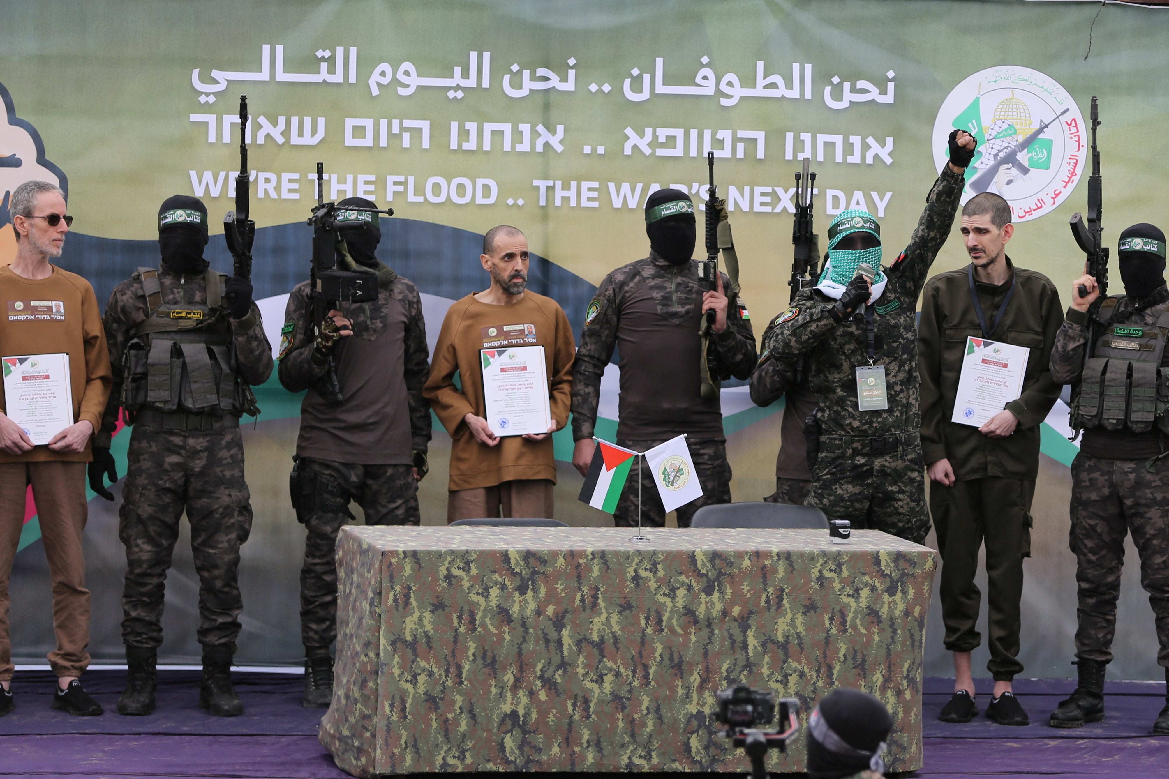 Ohad Ben Ami, Eli Sharabi and Or Levy are released by Hamas in Deir Al-Balah in the central Gaza Strip