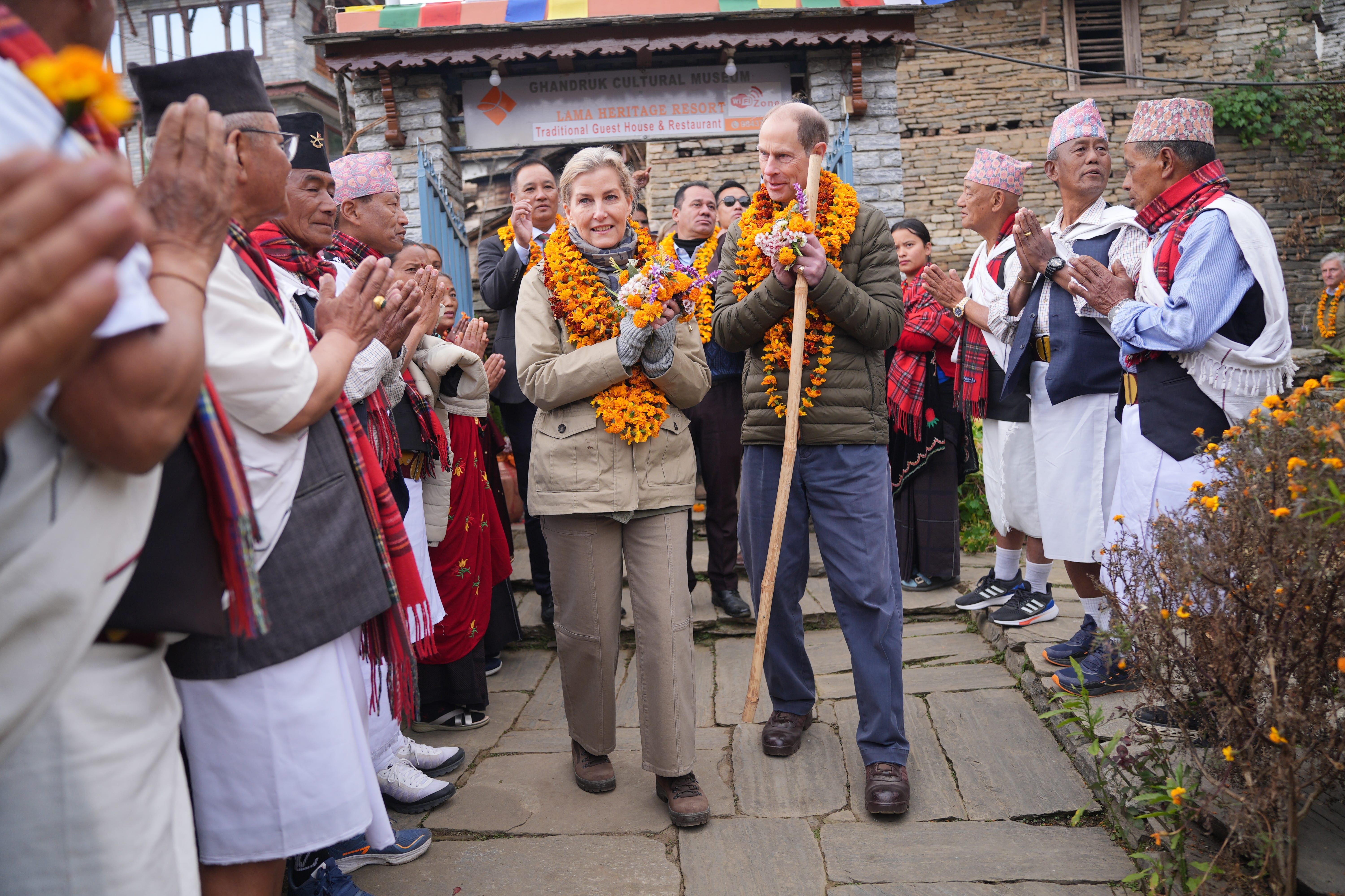 The Duke and Duchess of Edinburgh enjoyed a traditional welcome ceremony when they visited Ghandruk (Yui Mok/PA)
