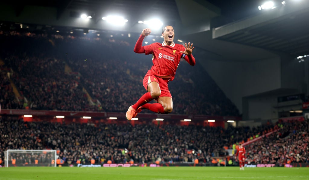 <p>Virgil van Dijk celebrates scoring in the Carabao Cup semi-final against Tottenham</p>