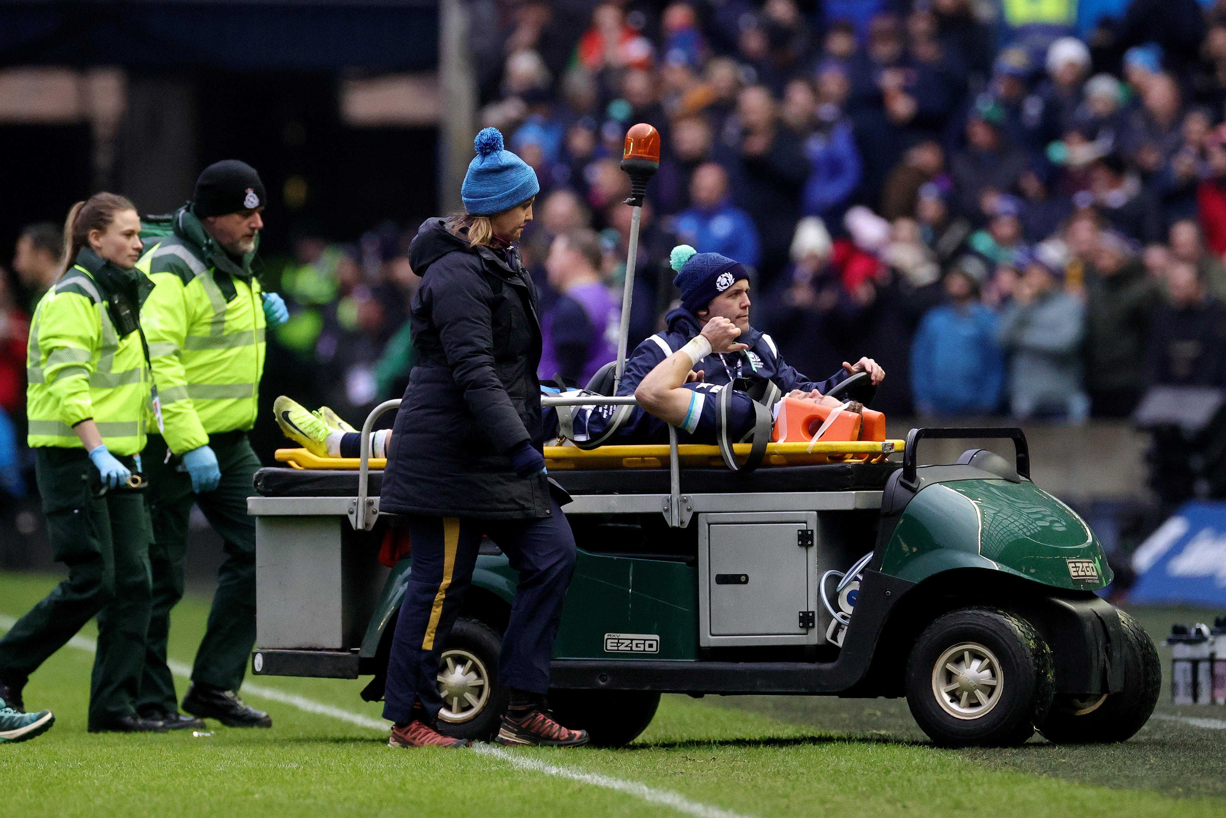 Darcy Graham was able to give a thumbs up as he was taken off on a stretcher at Murrayfield