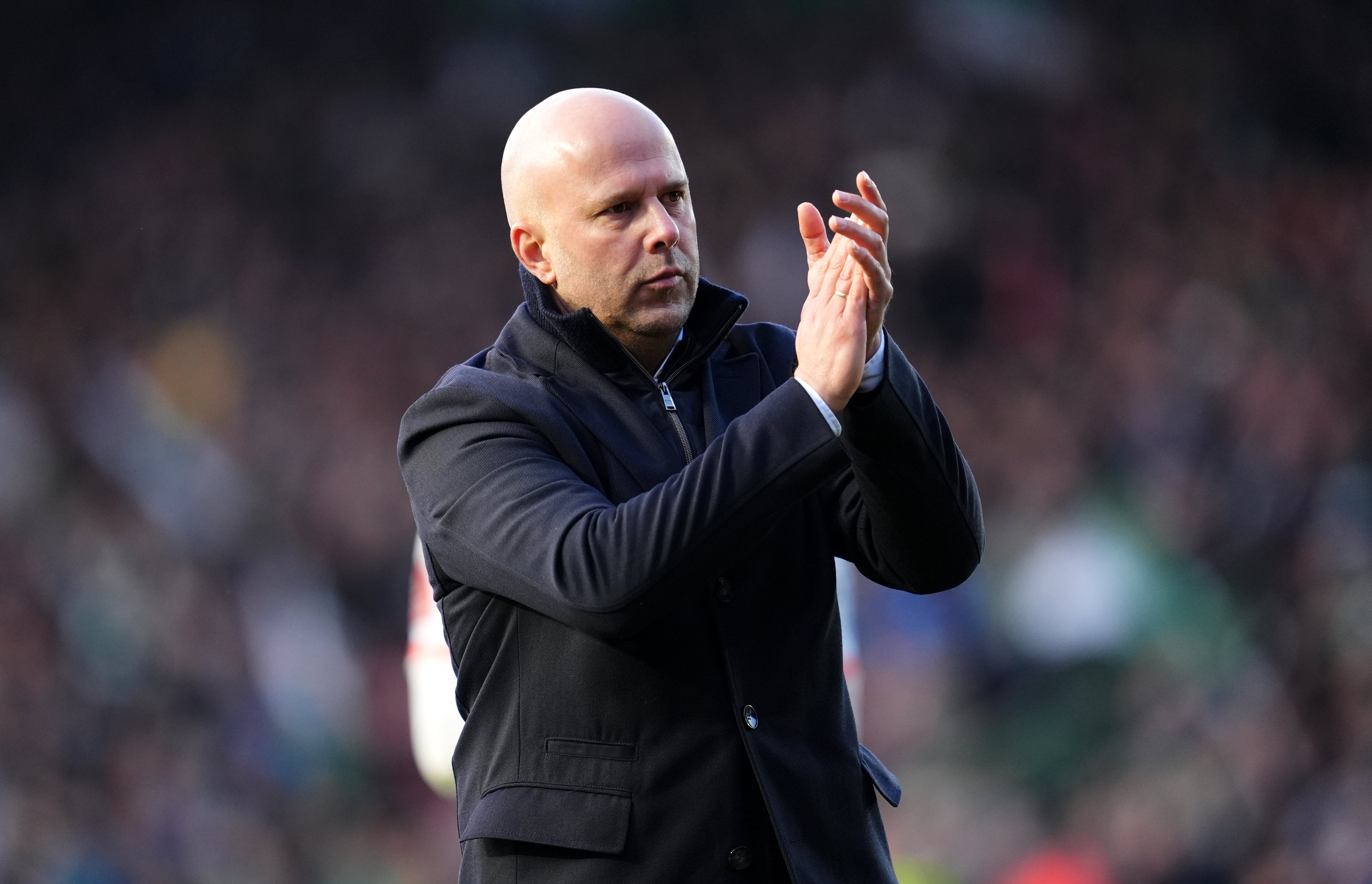 Liverpool manager Arne Slot applauds the travelling fans after his side’s FA Cup defeat at Plymouth (Adam Davy/PA)