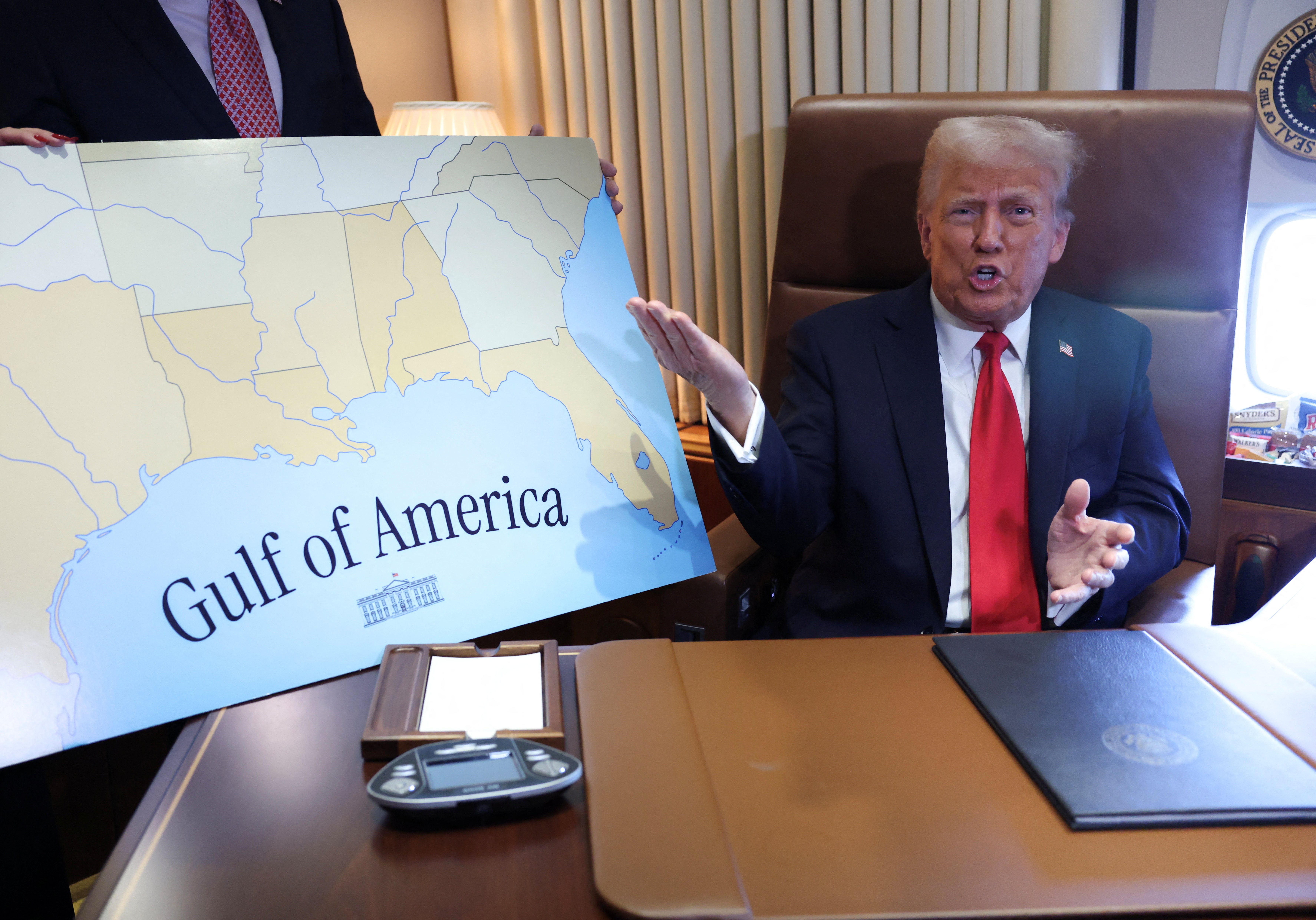 The president staged a mid-air photo-op while traveling on Air Force One. Shortly after signing an executive order declaring that the Gulf of Mexico would be renamed as the Gulf of America and producing a helpful, newly altered map
