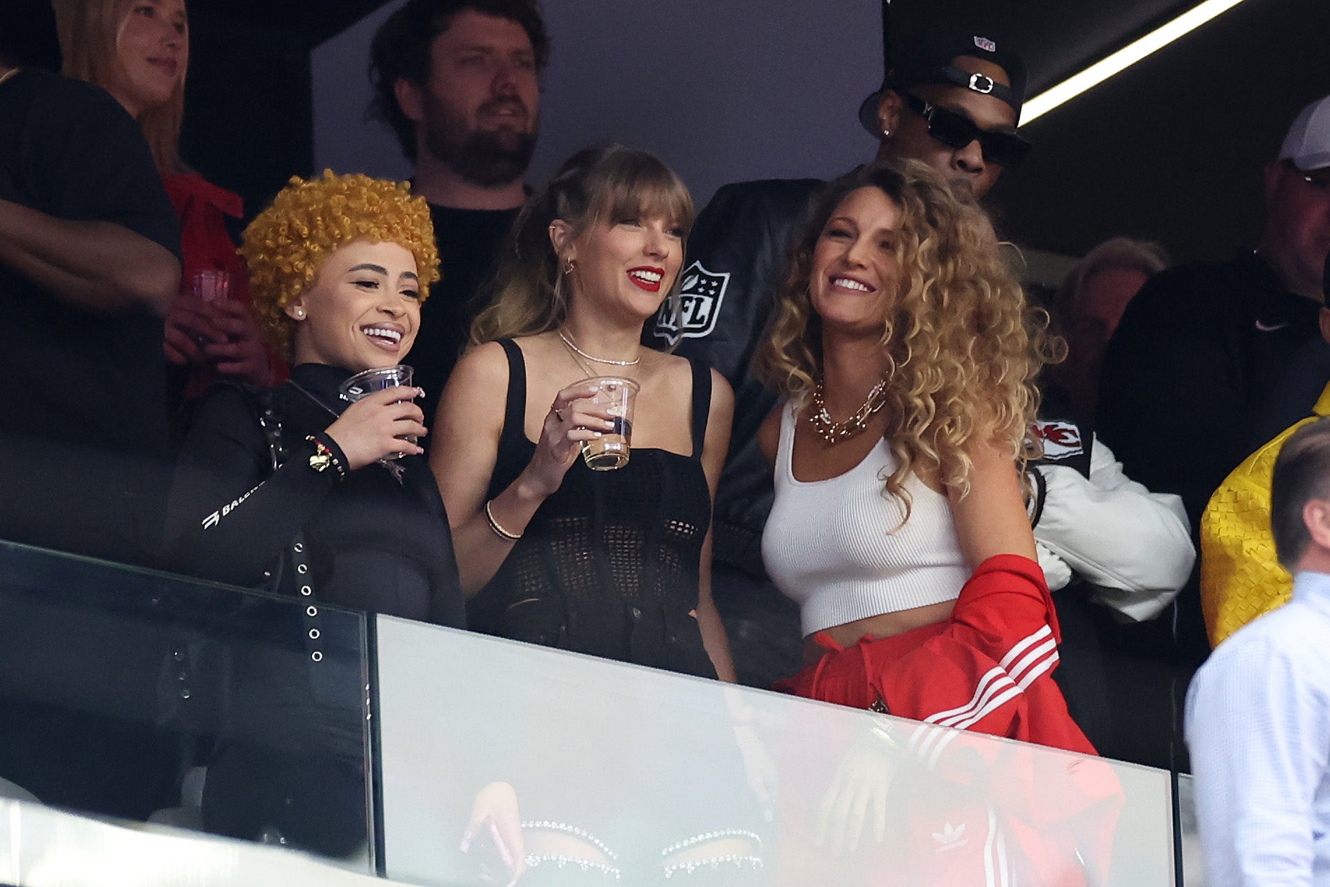 Rapper Ice Spice, singer Taylor Swift and actress Blake Lively react prior to Super Bowl LVIII between the San Francisco 49ers and Kansas City Chiefs at Allegiant Stadium on February 11, 2024 in Las Vegas, Nevada.