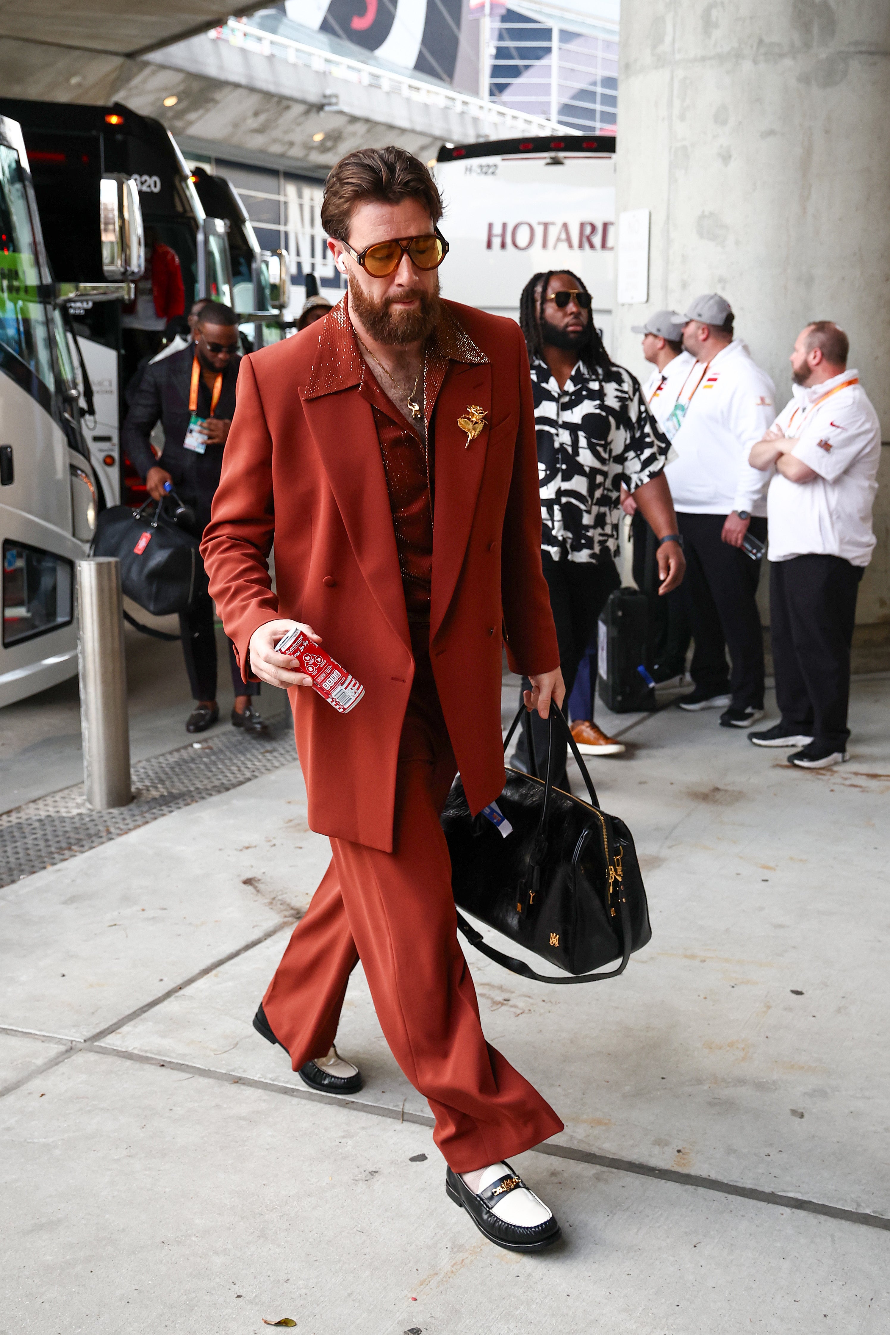 Travis Kelce arrives at Caesars Superdome in New Orleans for Super Bowl LIX
