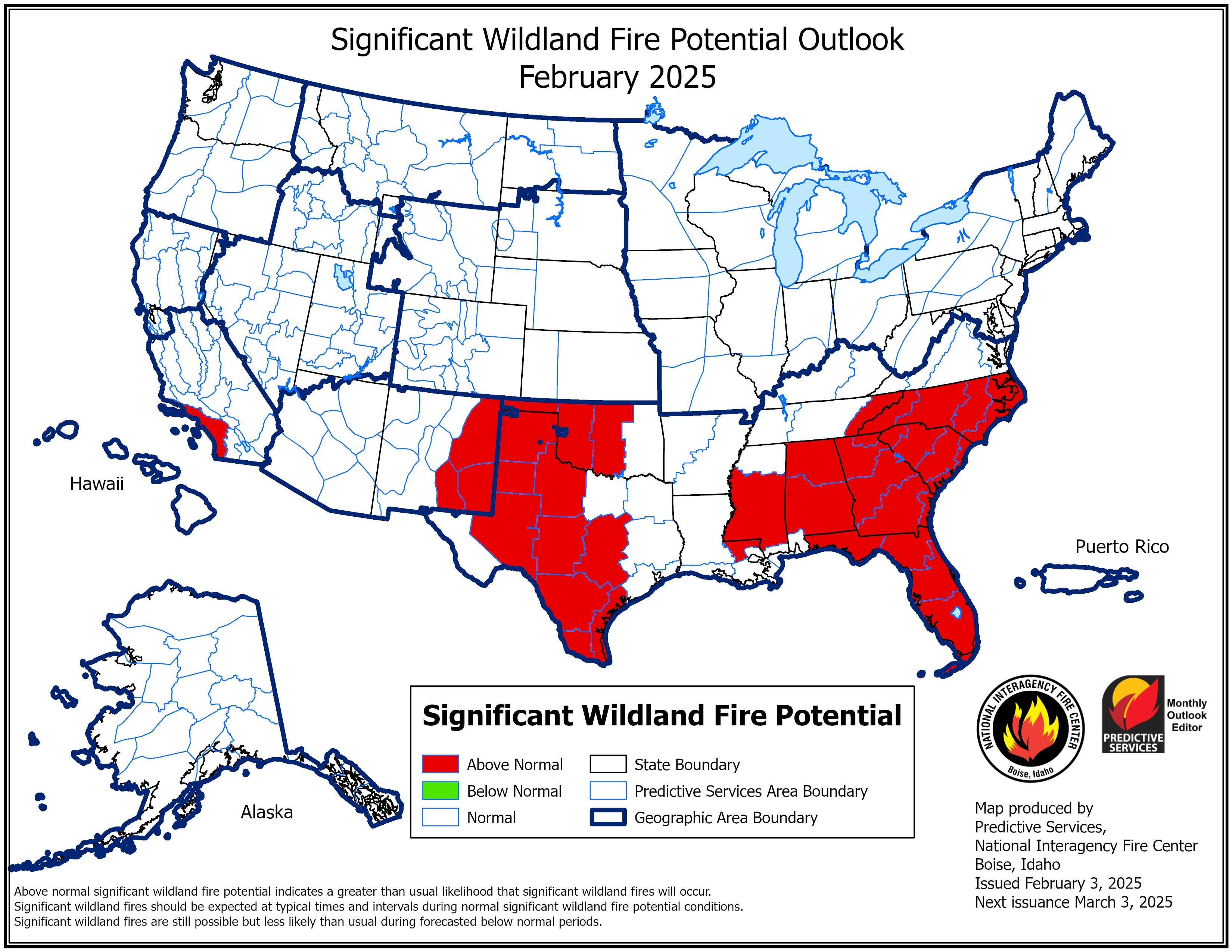 Maps of the risk of fire potential over the coming months show areas of the U.S. at greatest risk along the coasts. Southern California, which was hit hard in January, is at above normal risk through May