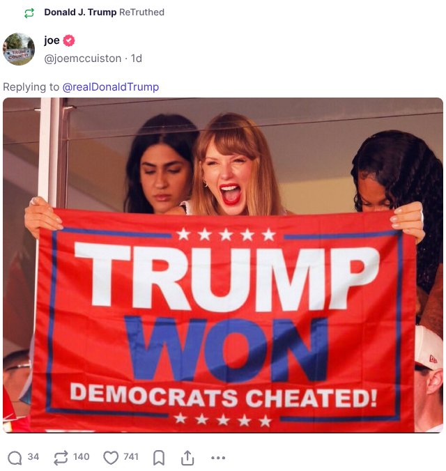 The president again trolls pop superstar Taylor Swift by reposting an AI-generated meme from a follower.