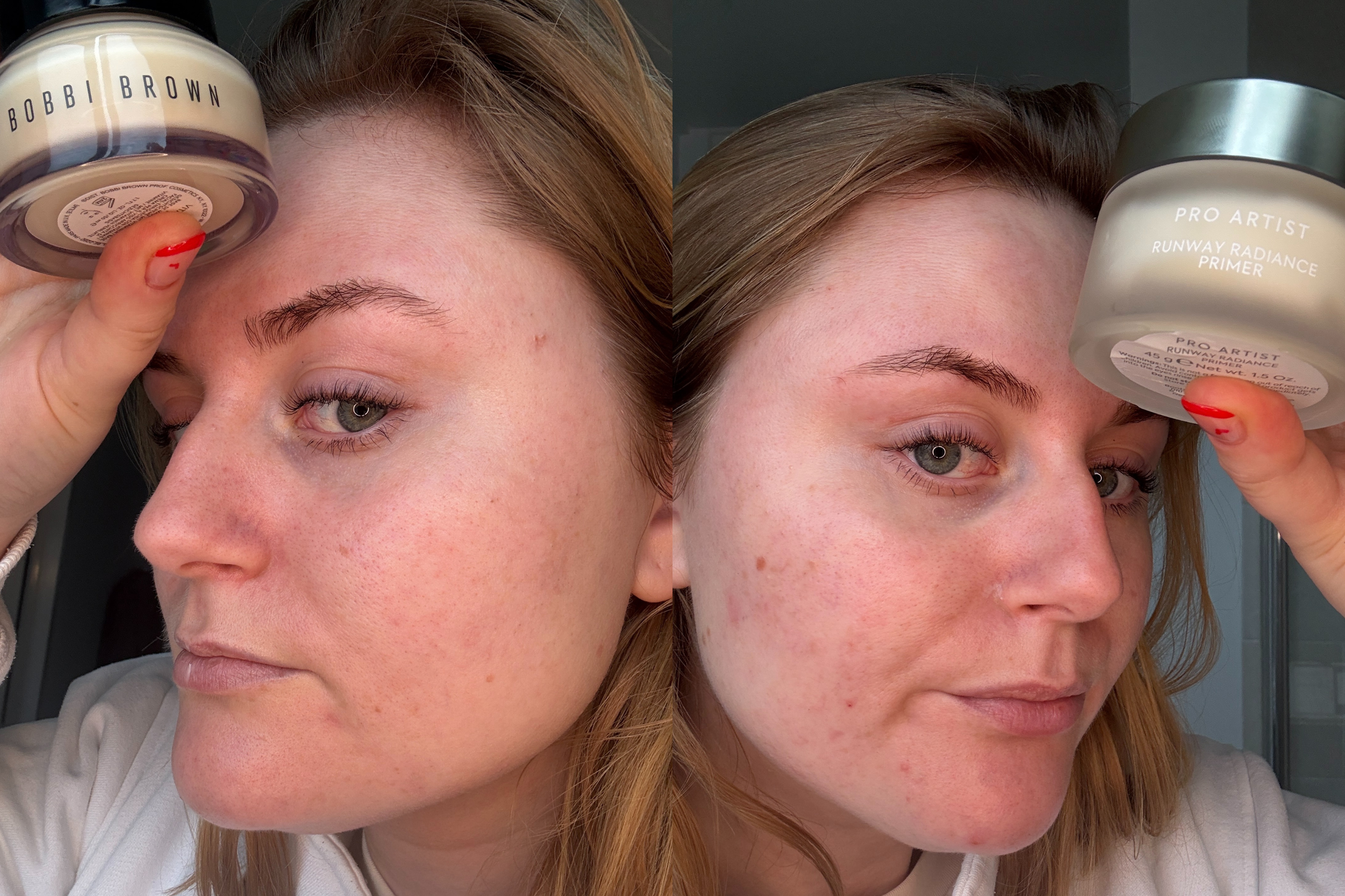 How my skin appeared on each side after applying just the two primers