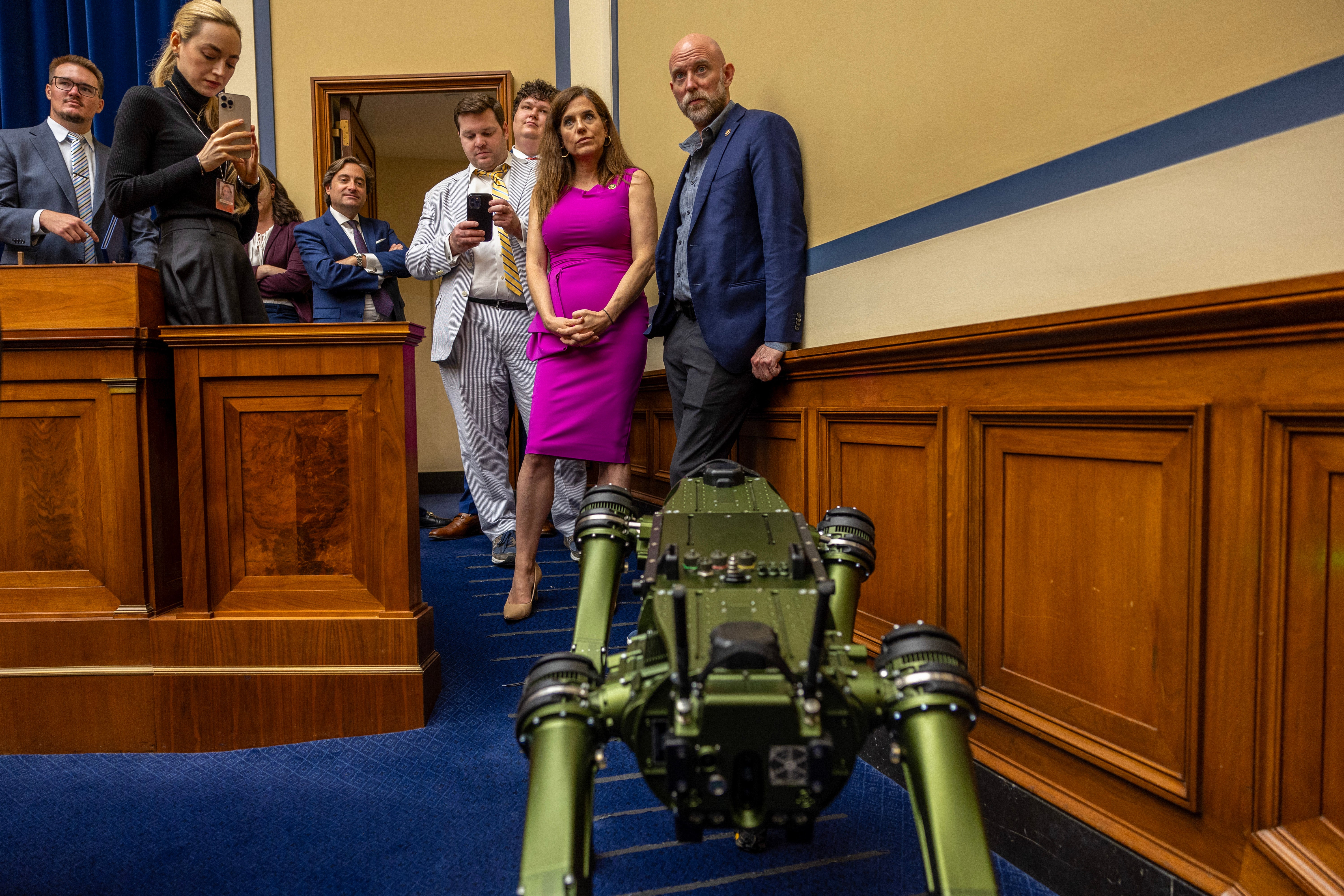 Nancy Mace and then-finance Patrick Bryant watch a robotics demonstration at the U.S. Capitol in June 2023