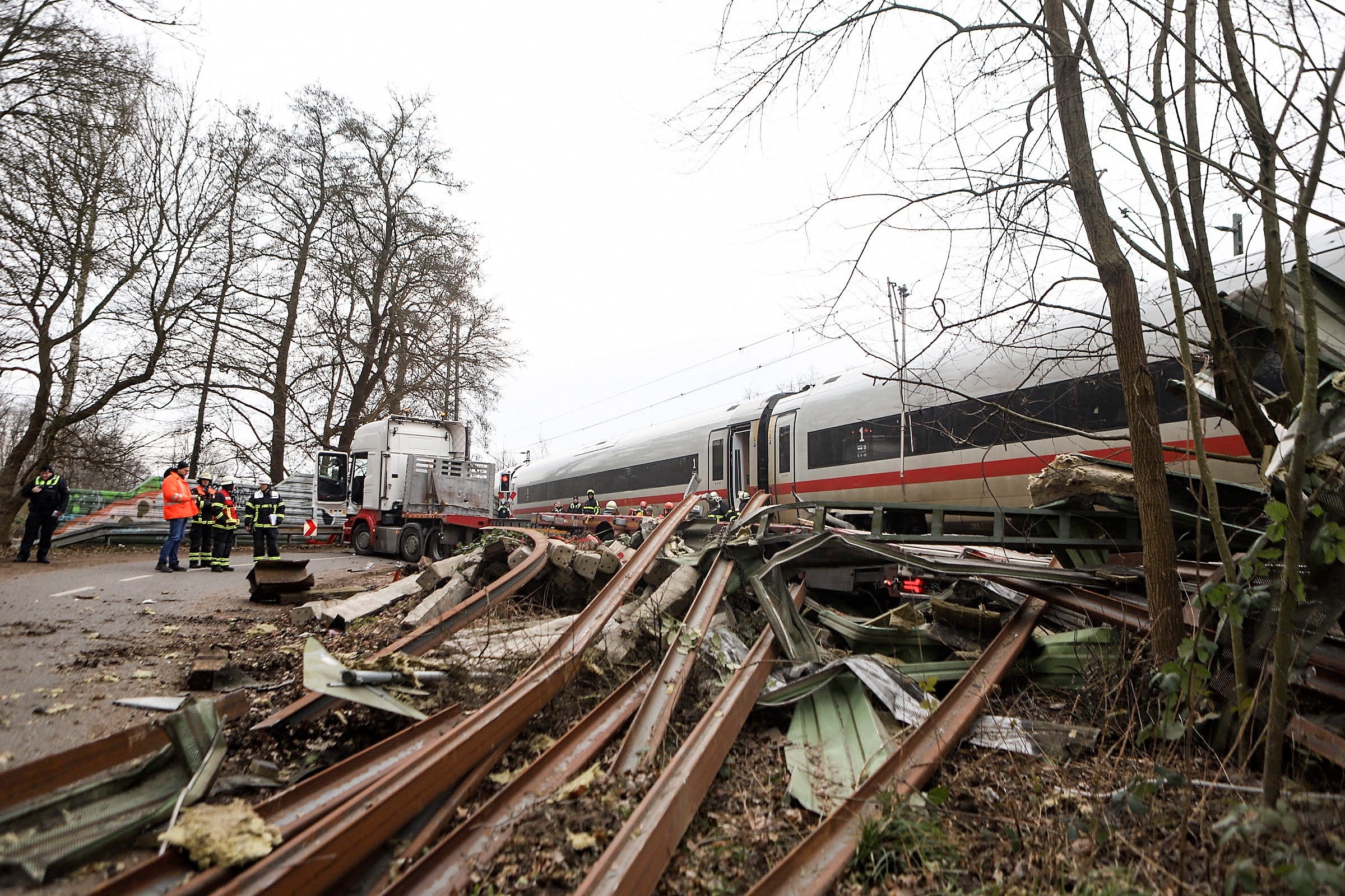 The site of an accident after a Deutsche Bahn high-speed train collided with a semi-trailer in Hamburg