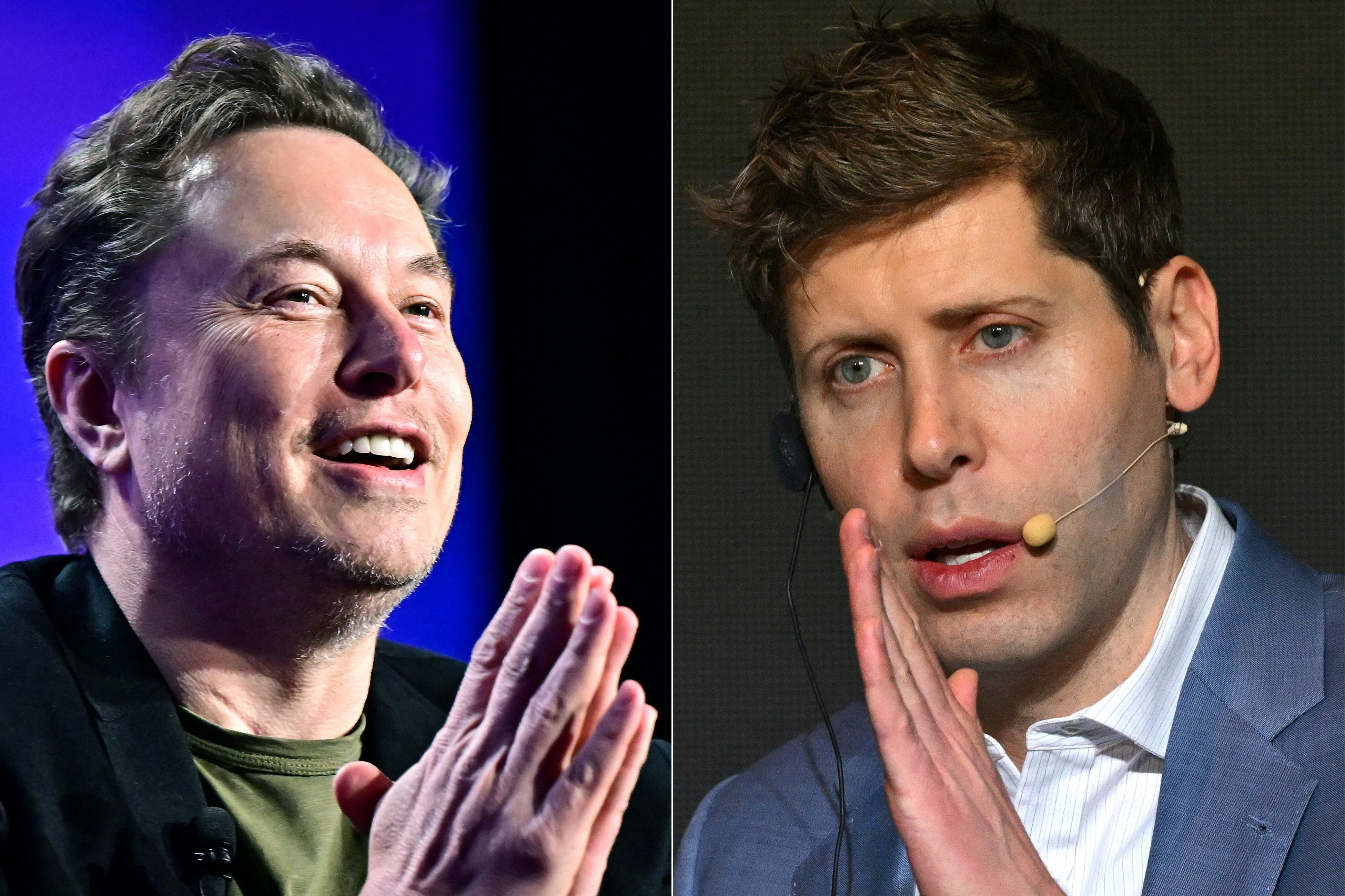 This combination of pictures created on February 11, 2025 shows (L-R) Elon Musk in Los Angeles on May 6, 2024 and Open AI CEO Sam Altman in Seoul on February 4, 2025