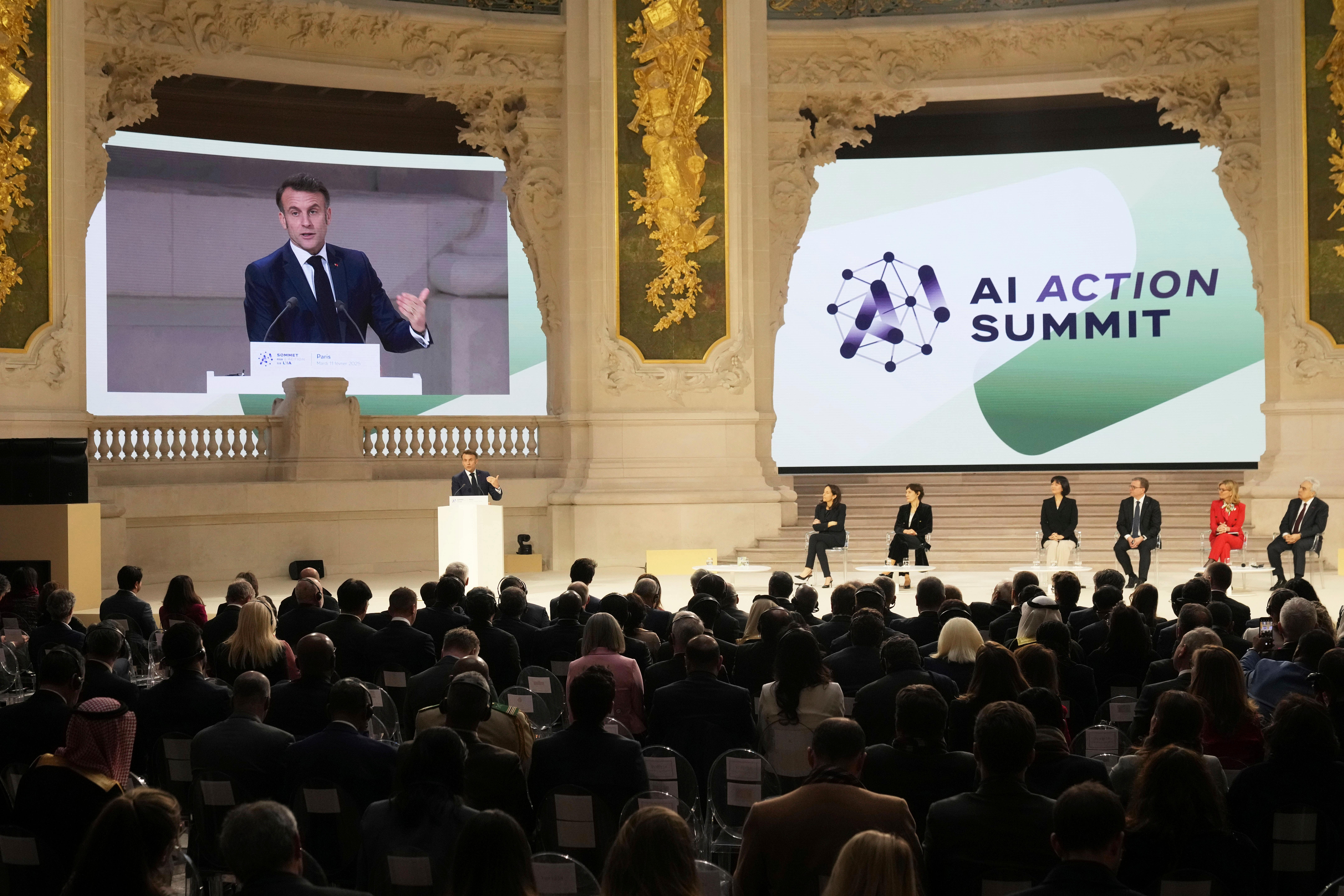 French President Emmanuel Macron addresses the audience in a closing speech at the Grand Palais during the Artificial Intelligence Action Summit in Paris (Michel Euler/AP photo)