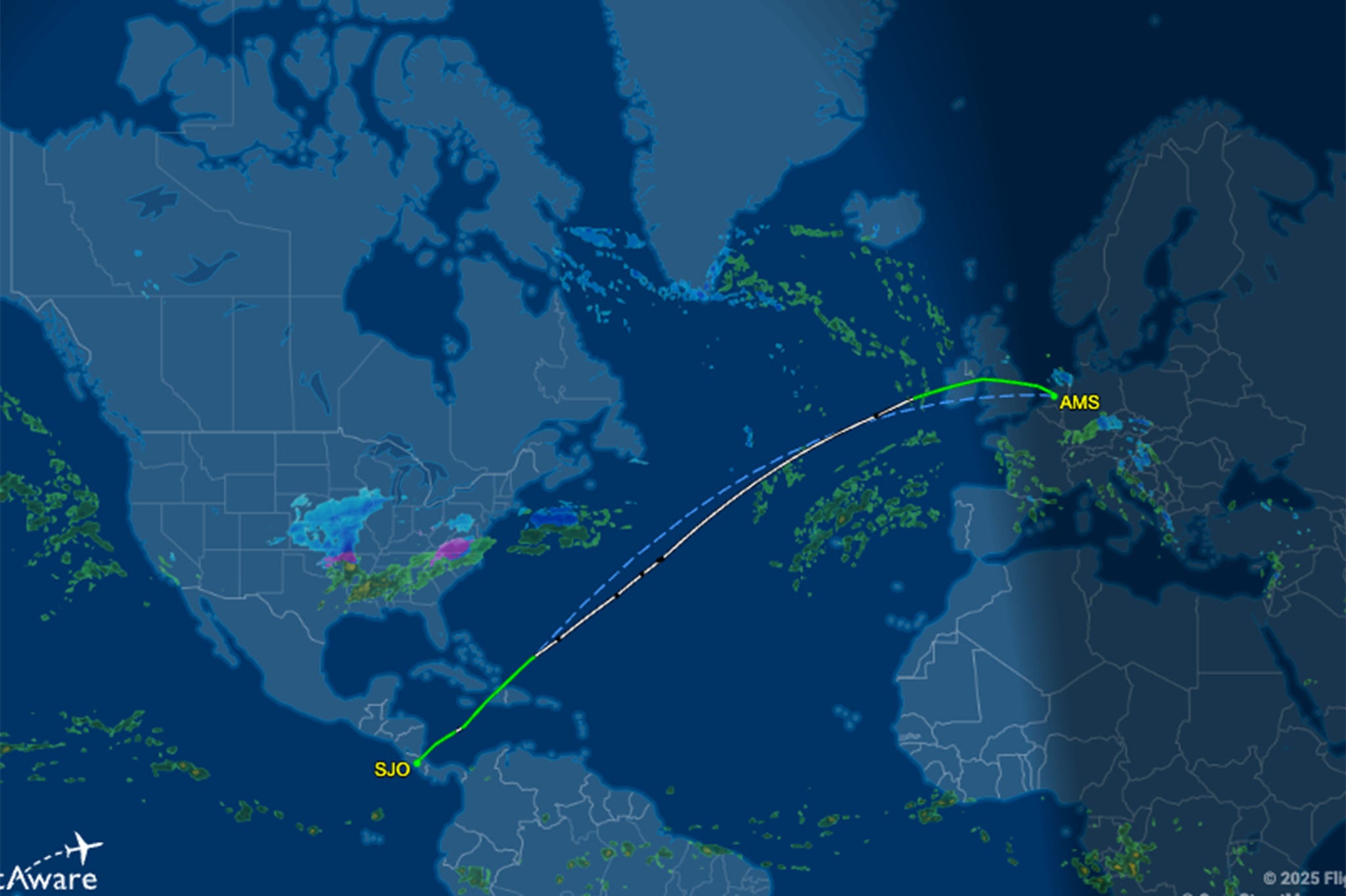 The flight path showing the 11-hour journey made by the queen from Amsterdam to San Jose in Costa Rica