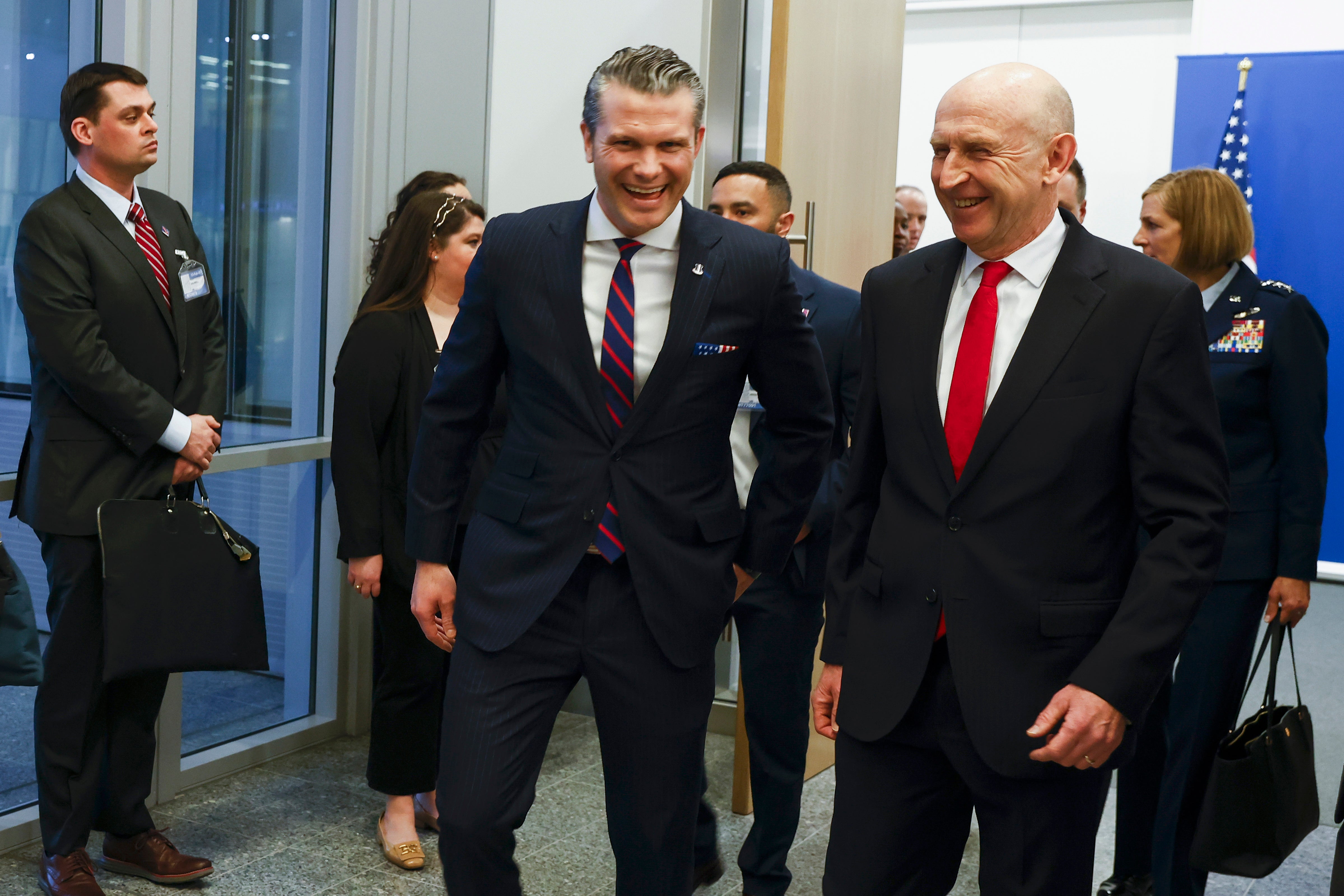 The US and UK defence secretaries, Pete Hegseth (left) and John Healey, have opposite views on whether Ukraine will ever join Nato