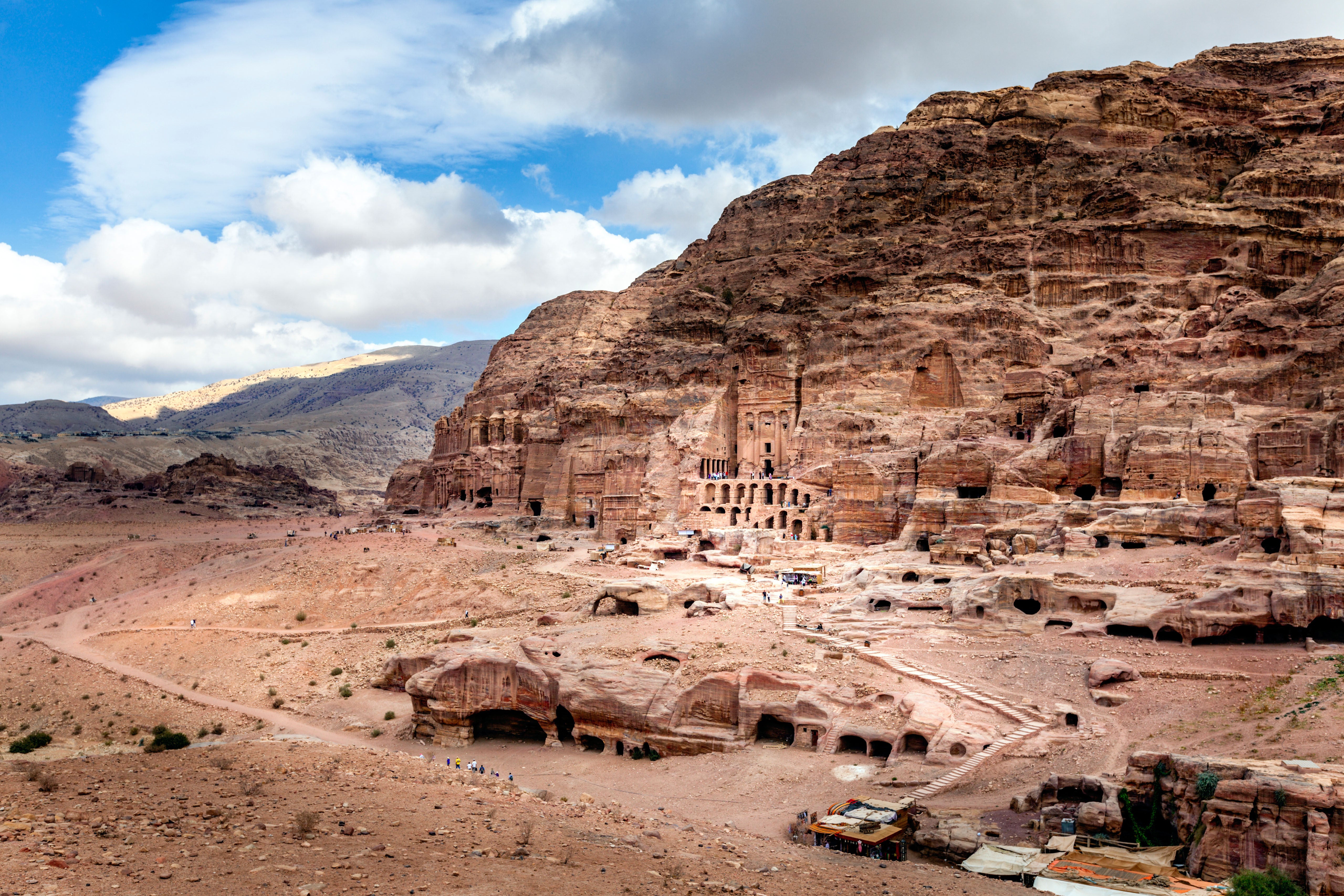 Ancient tombs carved in the rock in Petra, Jordan