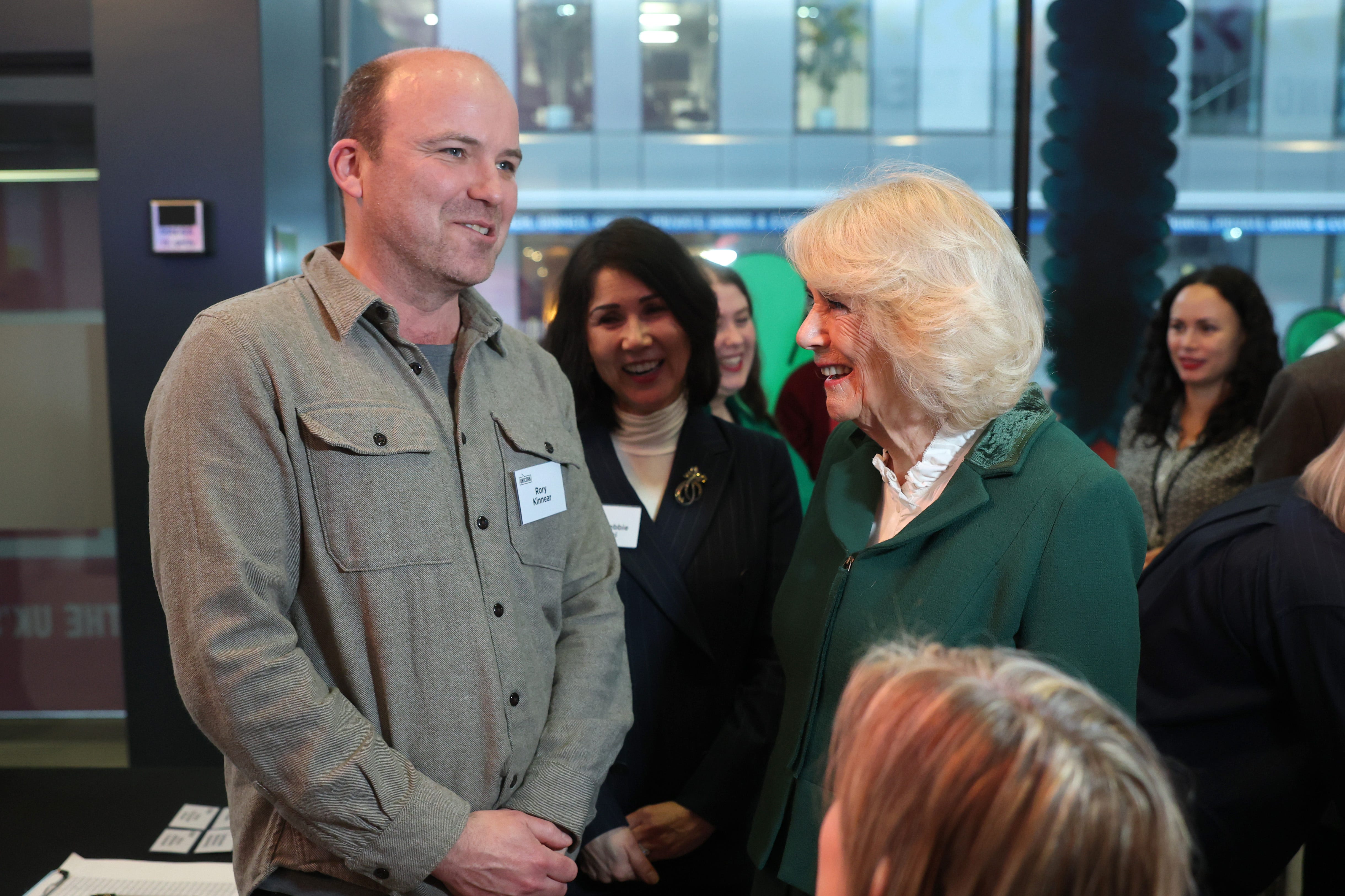Queen Camilla speaks with Rory Kinnear at a reception during a visit to the Unicorn Theatre, London (Chris Jackson/PA)