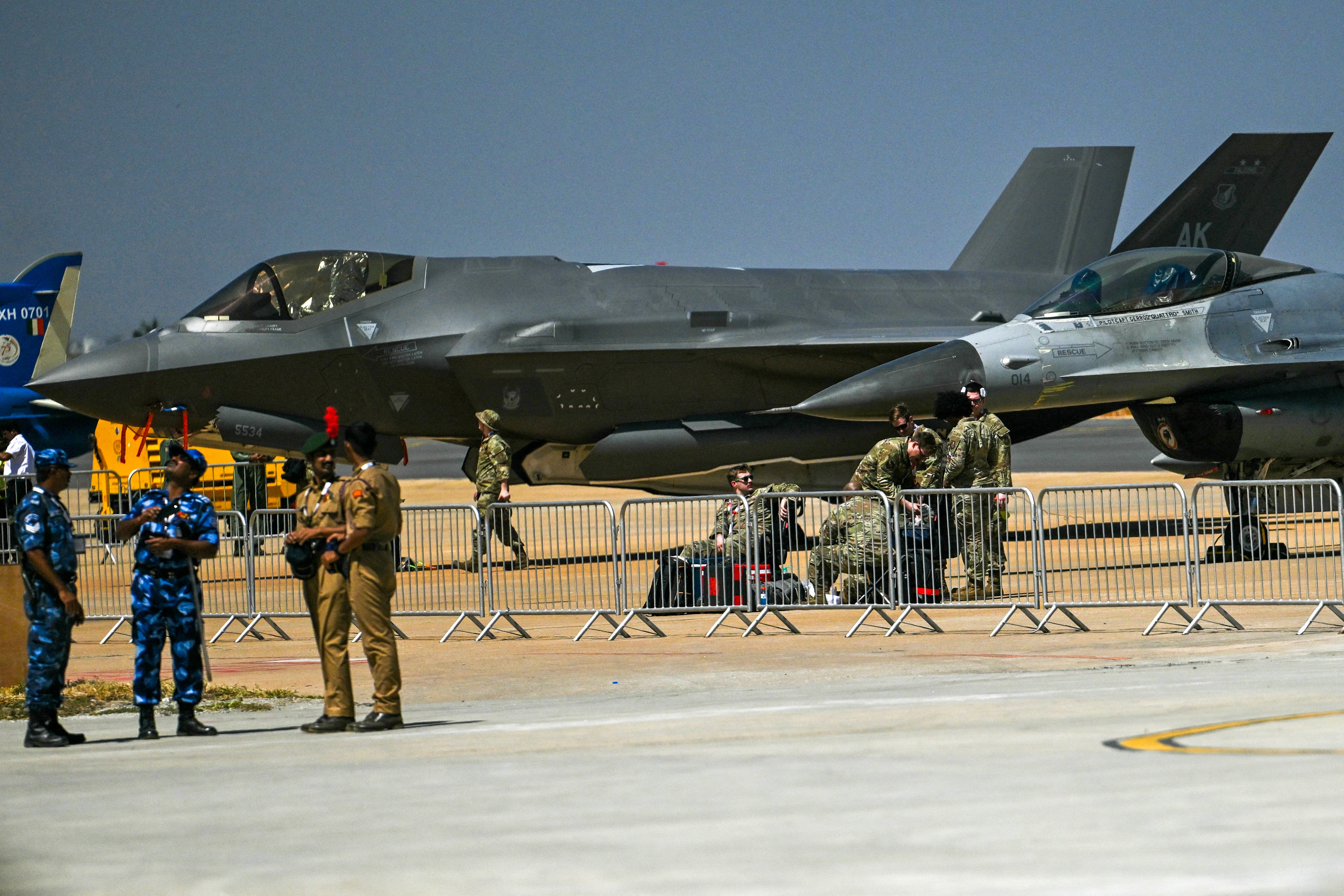 US Air Force's F-35 fifth-generation fighter aircraft is pictured at the tarmac during Aero India 2025