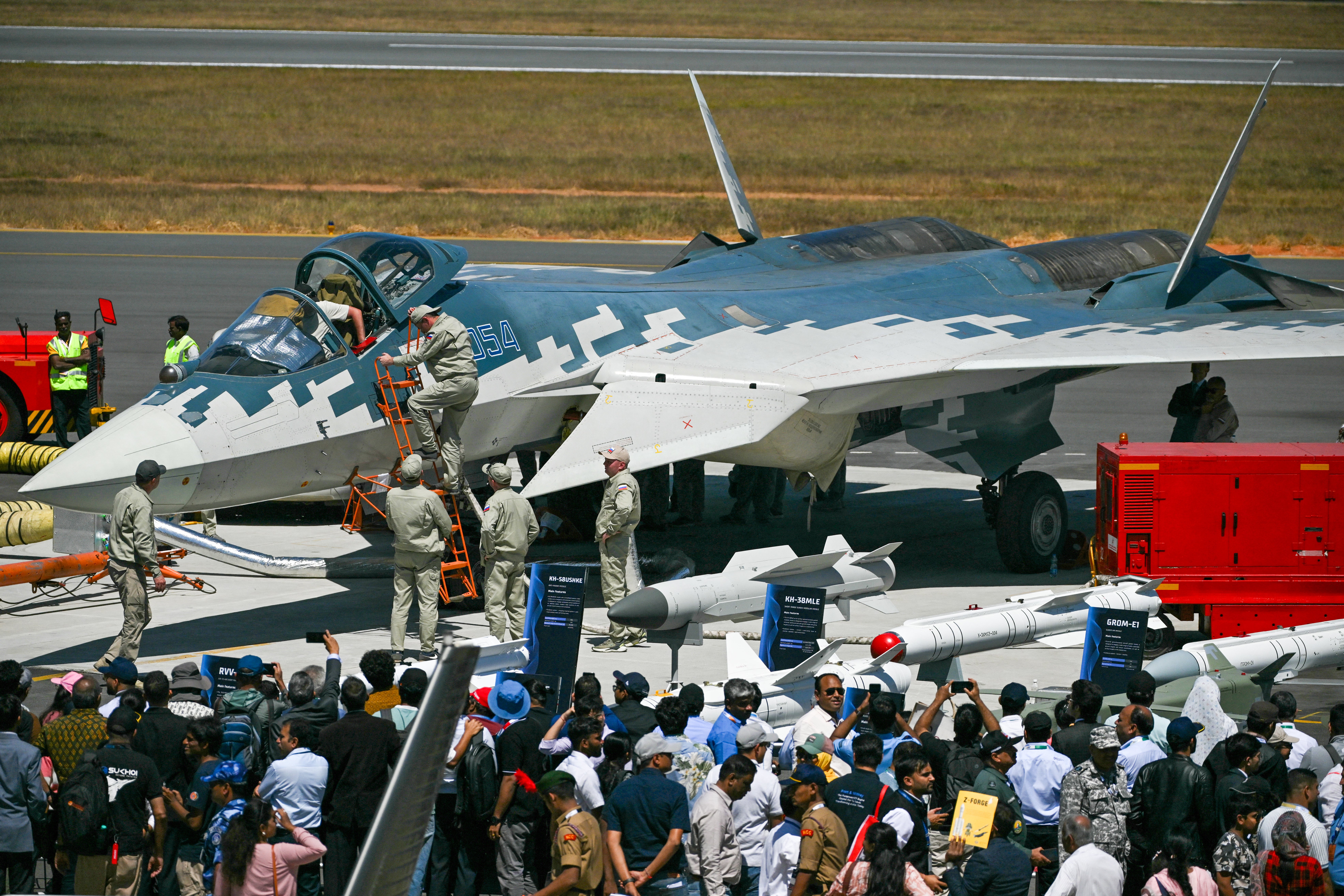 A Russian Sukhoi Su-57 fifth-generation fighter aircraft is pictured at the tarmac during Aero India 2025