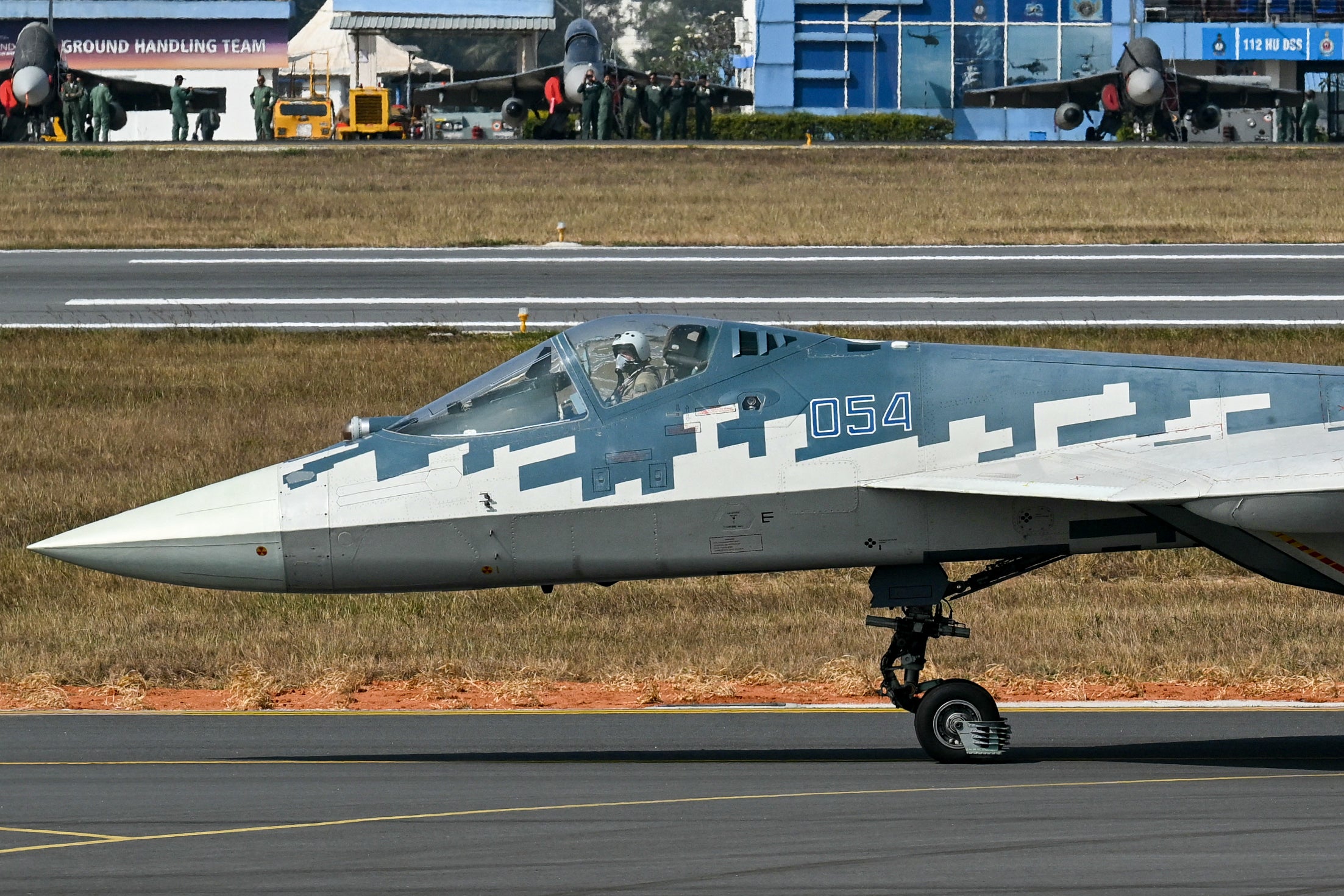 A Russian Sukhoi Su-57 fifth-generation fighter aircraft is pictured at the tarmac at Aero India show