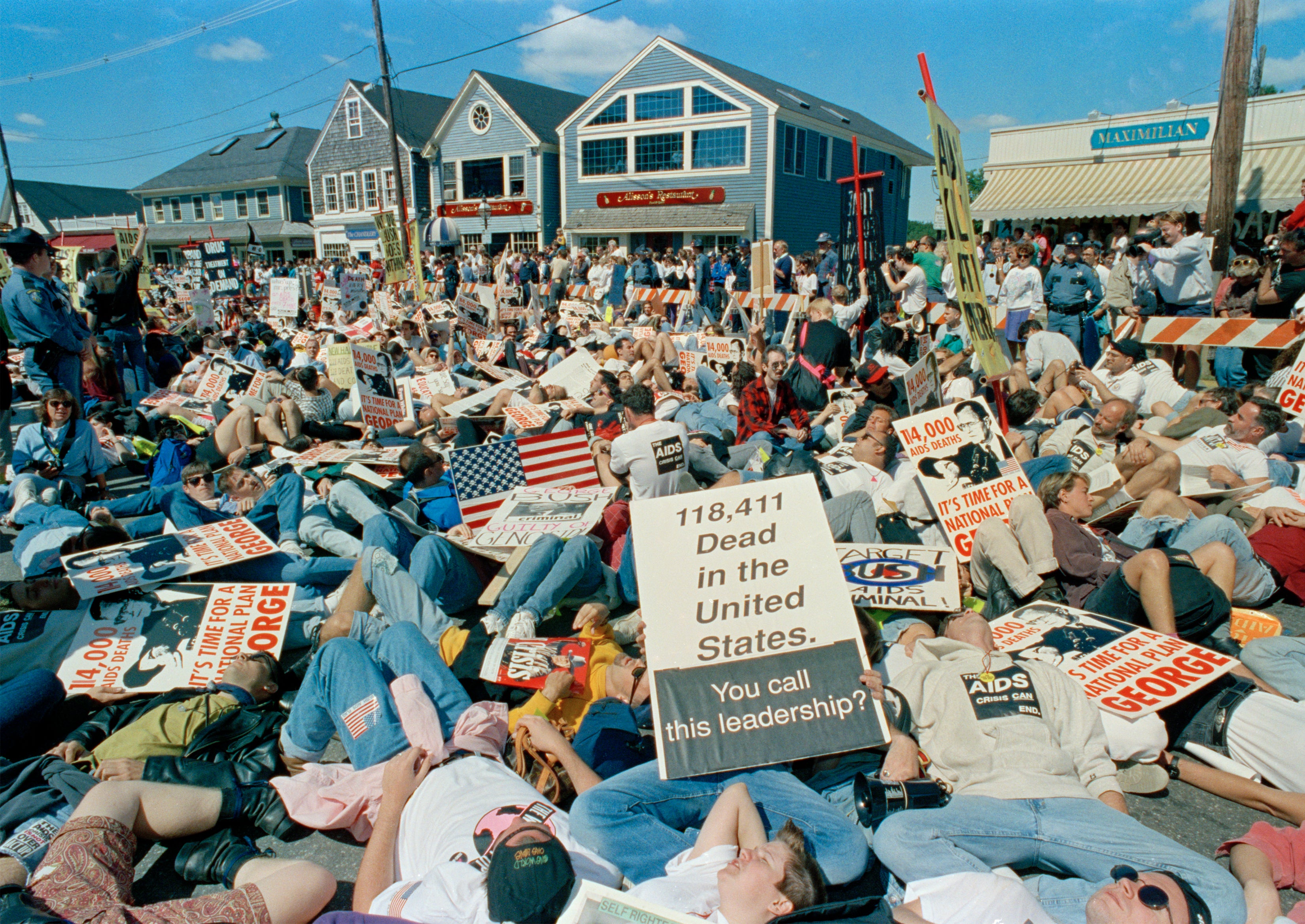 AIDs activists stage a mock "die-in" at Dock Square in downtown Kennebunkport, Maine, in September 1991 (file photo)