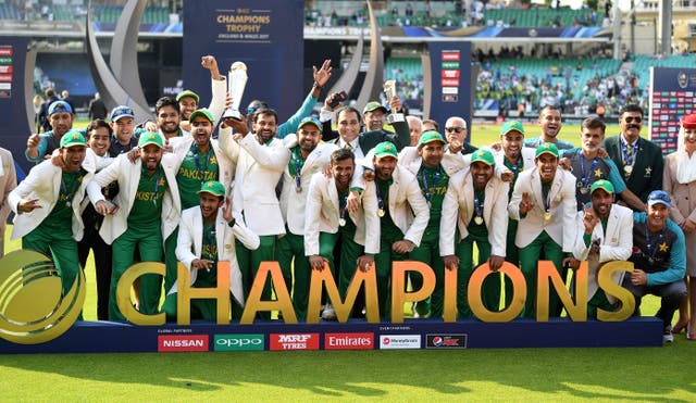 <p>Pakistan celebrate after beating India in the ICC Champions Trophy final at the Kia Oval on 18 June 2017</p>