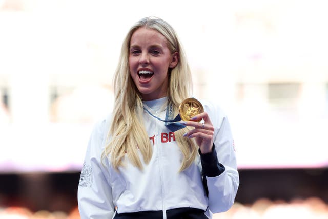 <p>Gold medalist Keely Hodgkinson of Team Great Britain celebrates on the podium</p>