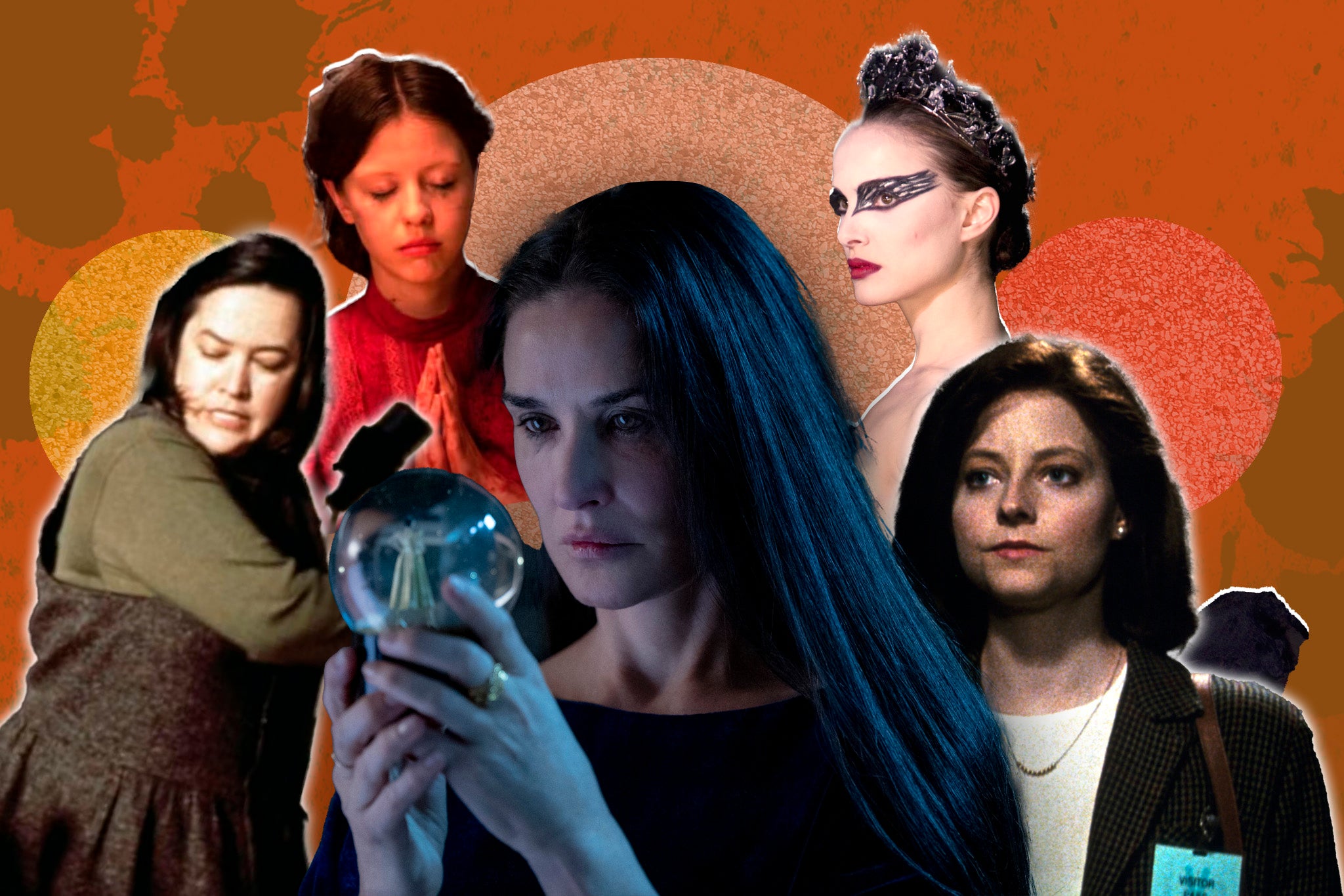 Clockwise from centre: Demi Moore in ‘The Substance’, Kathy Bates in ‘Misery’, Mia Goth in ‘Pearl’, Natalie Portman in ‘Black Swan’ and Jodie Foster in ‘The Silence of the Lambs’