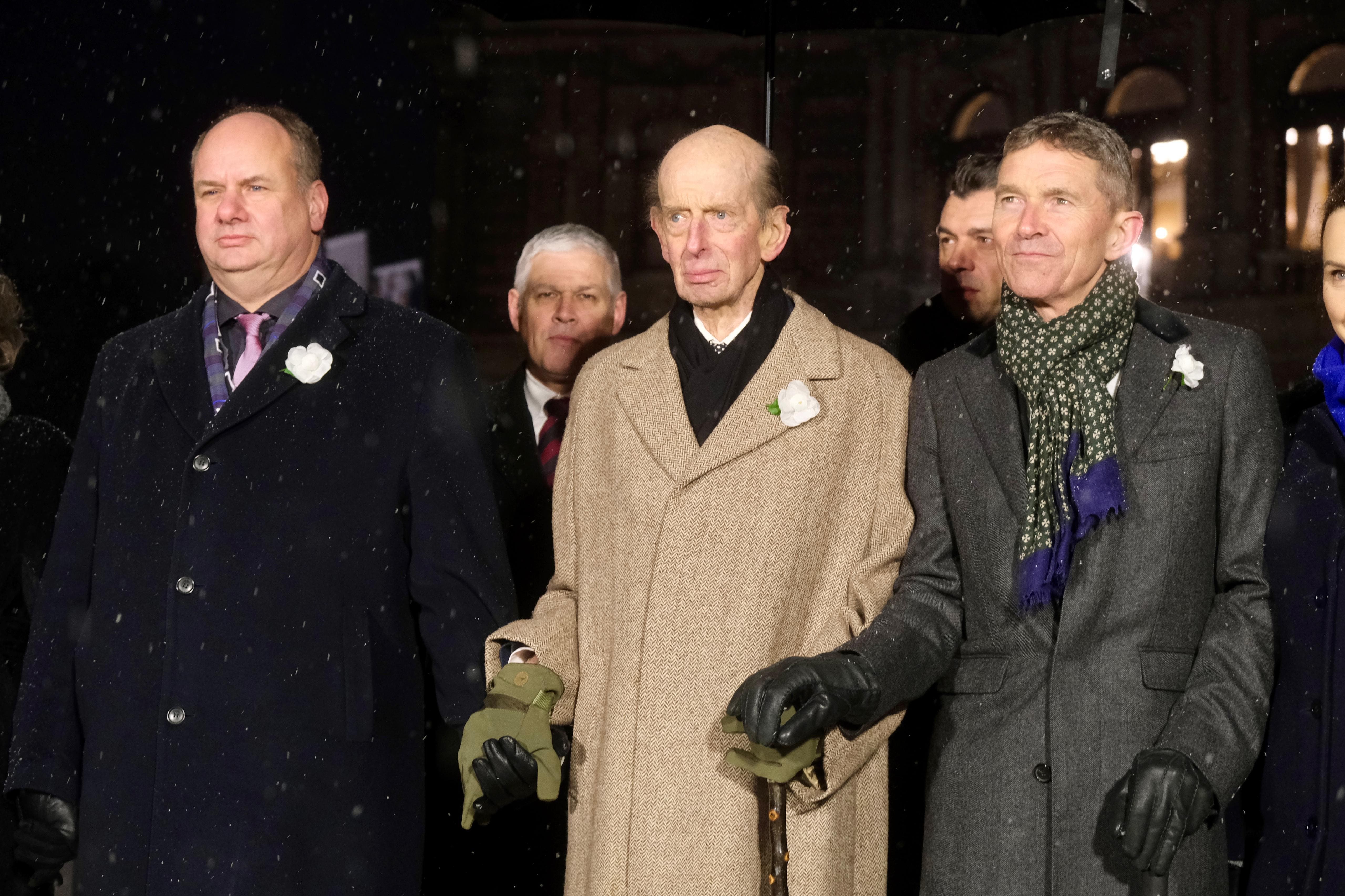 The Duke of Kent joins a human chain in remembrance in Dresden (Till Budde/British Embassy Berlin/PA)