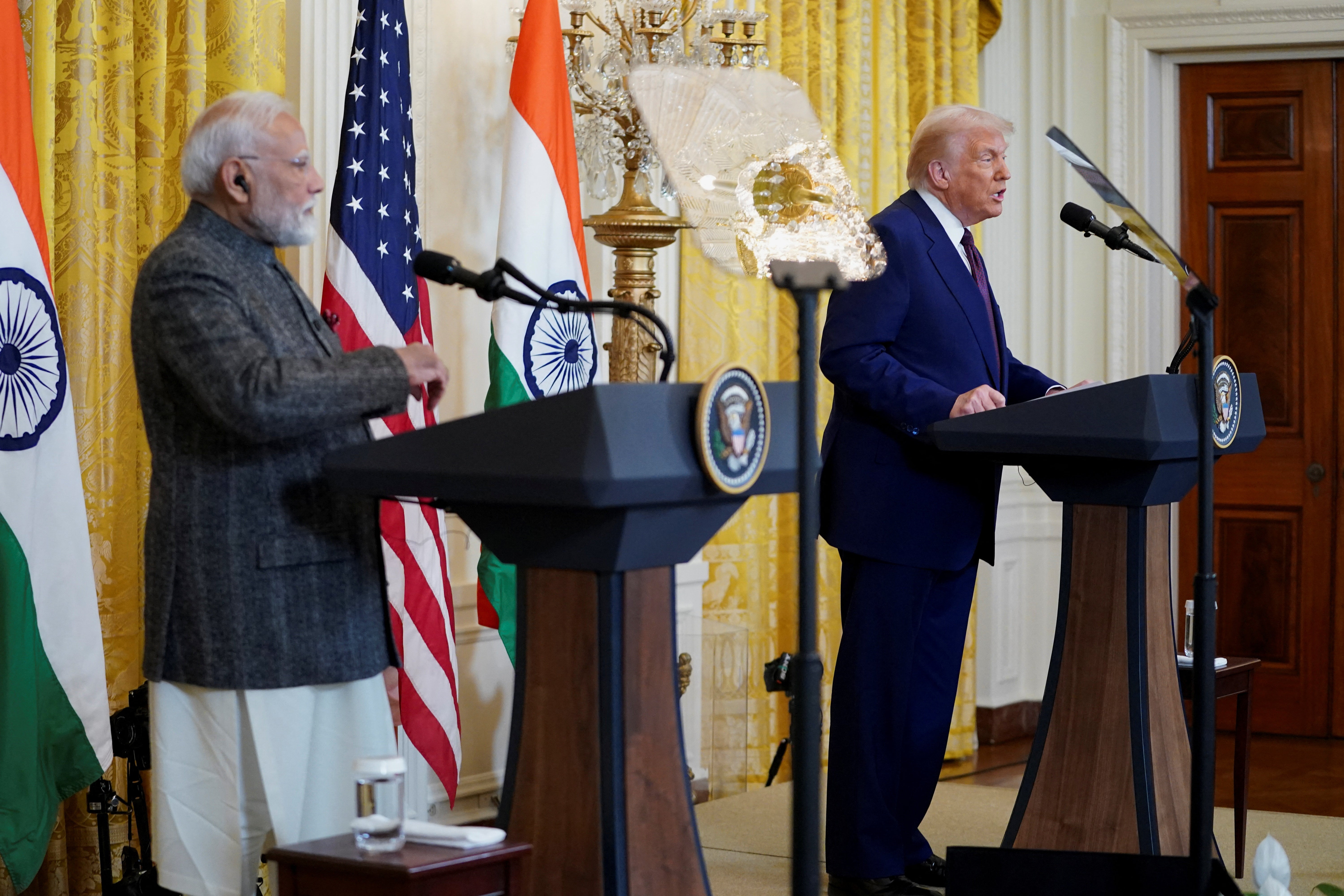 U.S. President Donald Trump holds a joint press conference with Indian Prime Minister Narendra Modi at the White House in Washington, D.C.