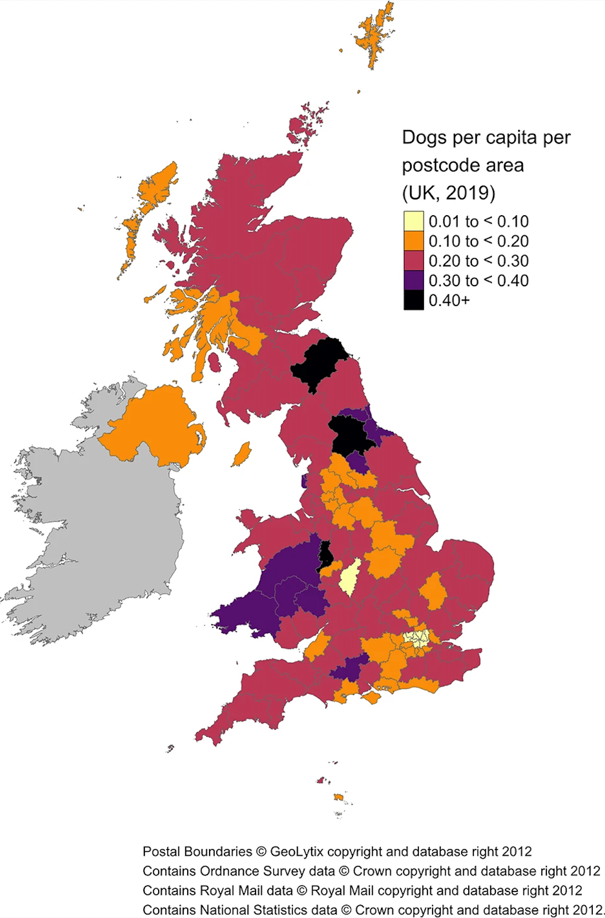 Dogs per capita, per postcode area