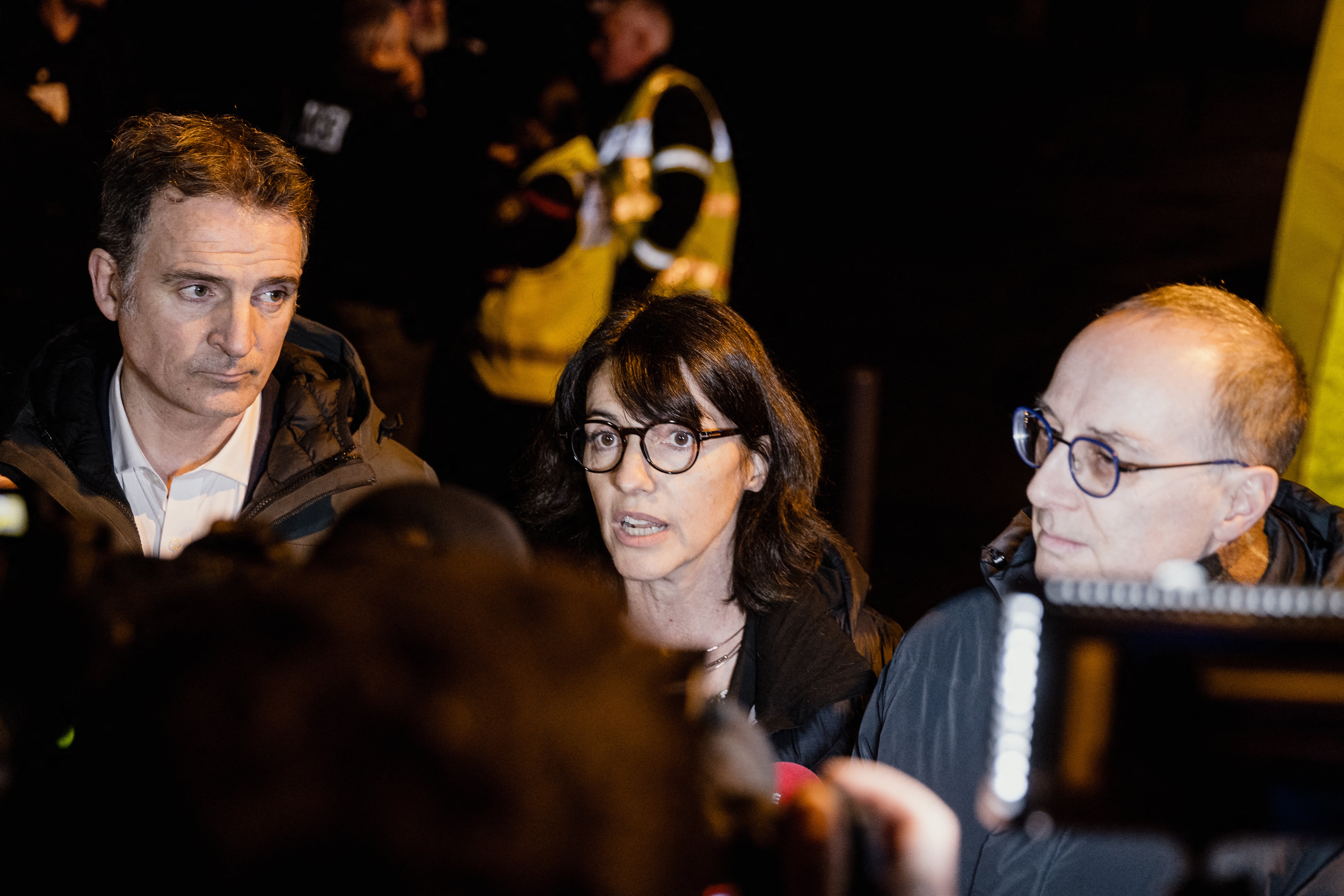 Interim prosecutor of Grenoble Francois Touret de Coussy (right), mayor of Grenoble Eric Piolle (left) and Prefect of Isere Catherine Seguin (centre) address the media near the scene