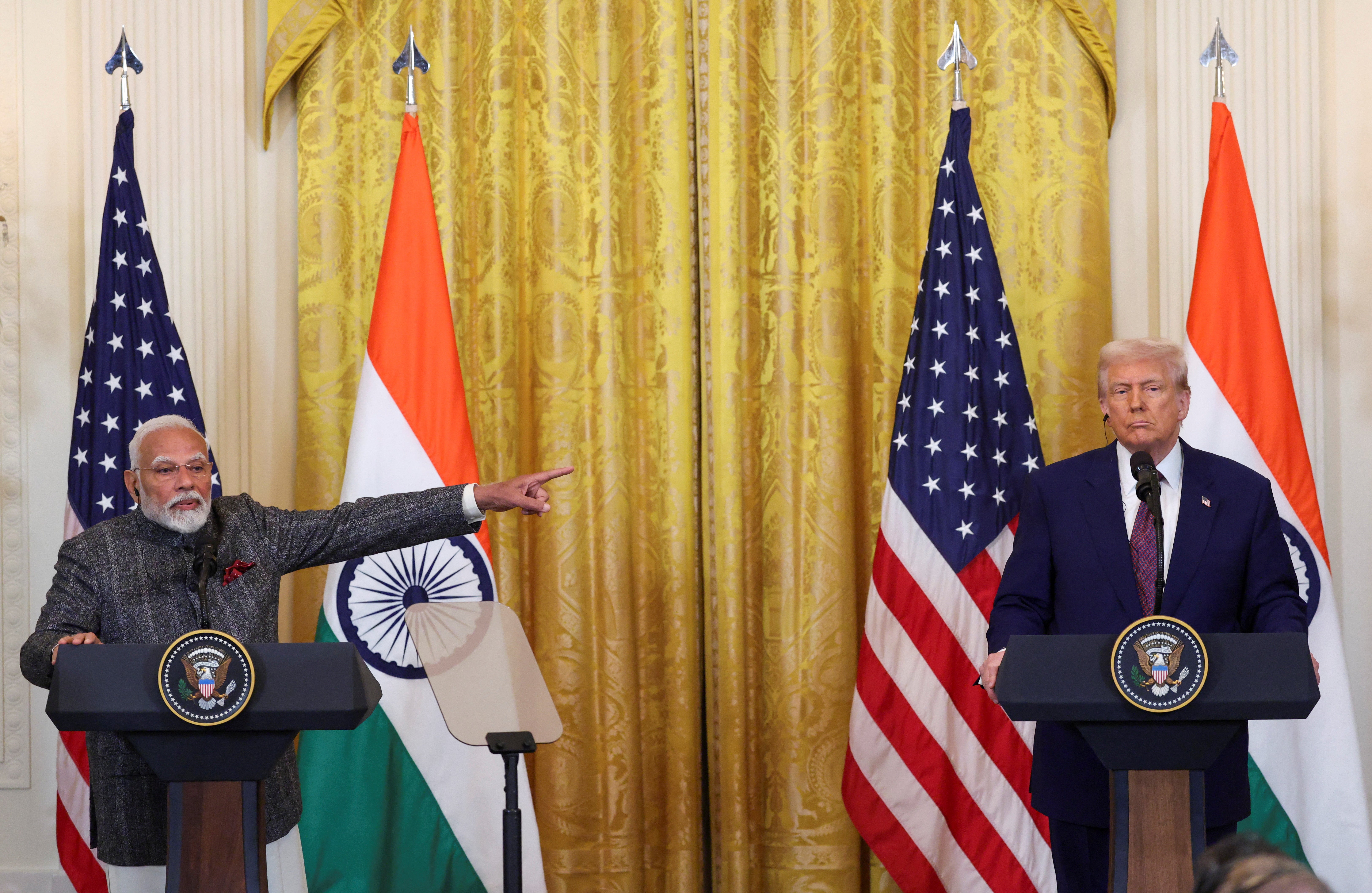 Indian Prime Minister Narendra Modi gestures during a joint press conference with U.S. President Donald Trump