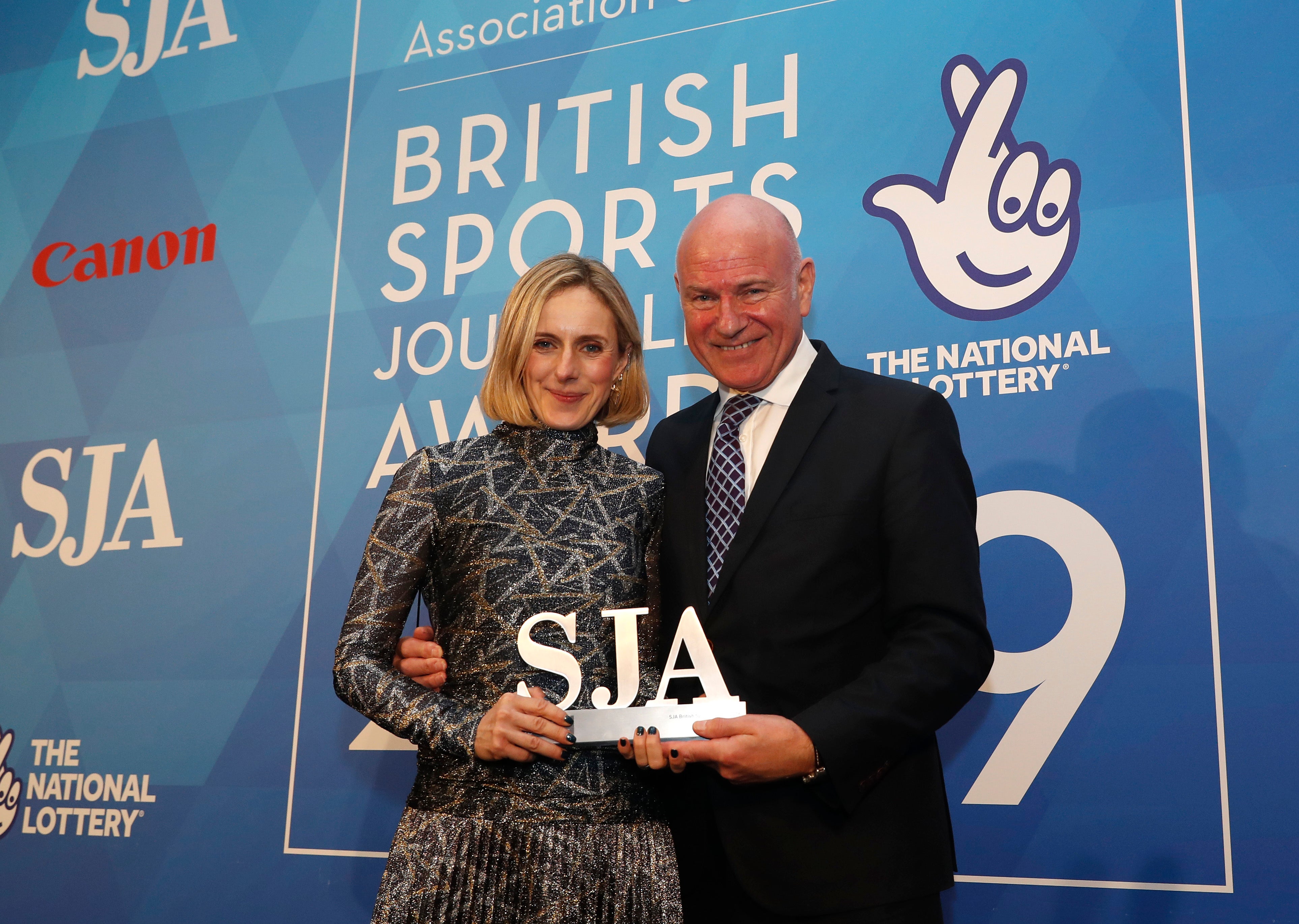 Patrick Barclay with the Guardian's Marina Hyde at the SJA British Sports Journalism Awards in 2020