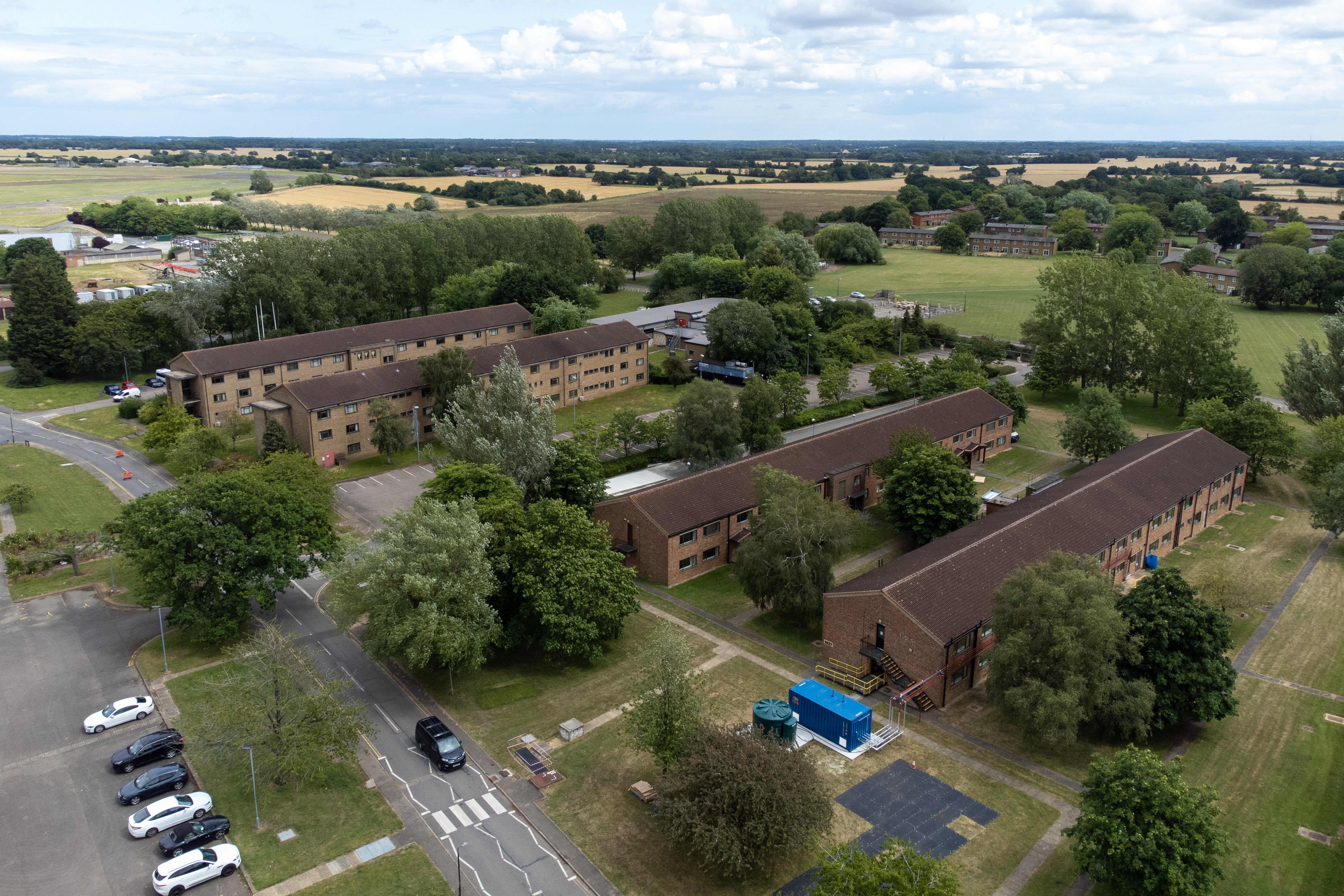 Aerial view of the asylum accommodation centre in Essex, a 335-hectare airfield, the largest of its kind in the UK