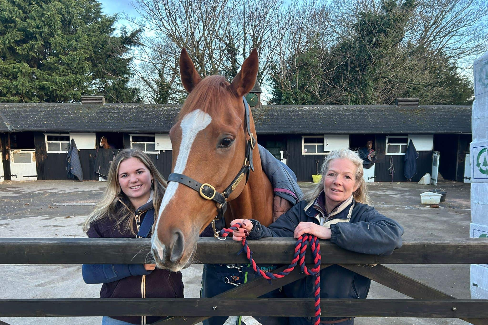 Thank You Ma’am with trainer Georgie Nicholls, right, and her daughter jockey Olive (Rupert Adams/PA)