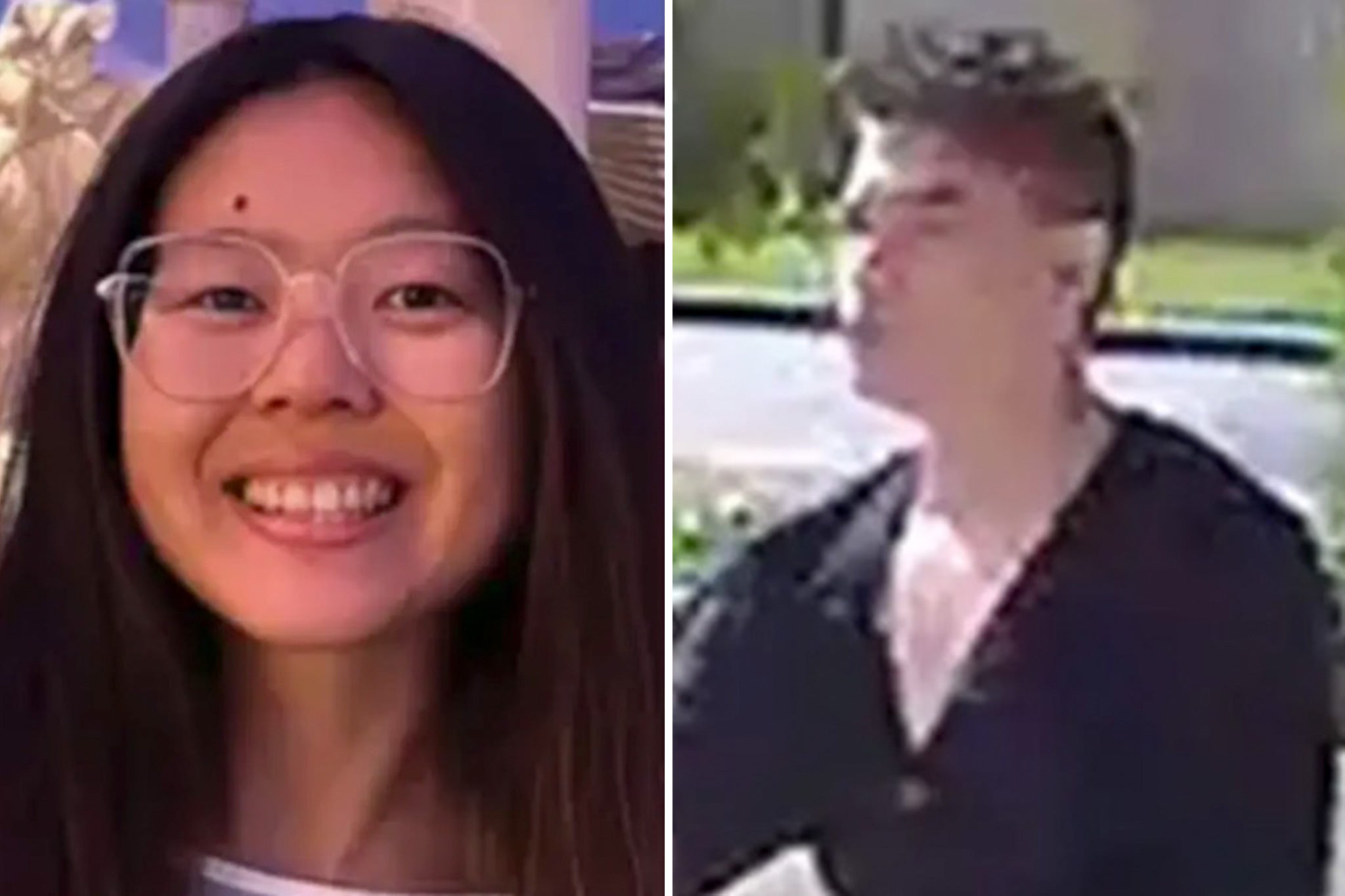 <p>Menghan Zhuang, 23, (left) was found murdered in her apartment complex in Newhall, California on February 4. Now authorities are frantically looking for a person of interest (pictured right)</p>