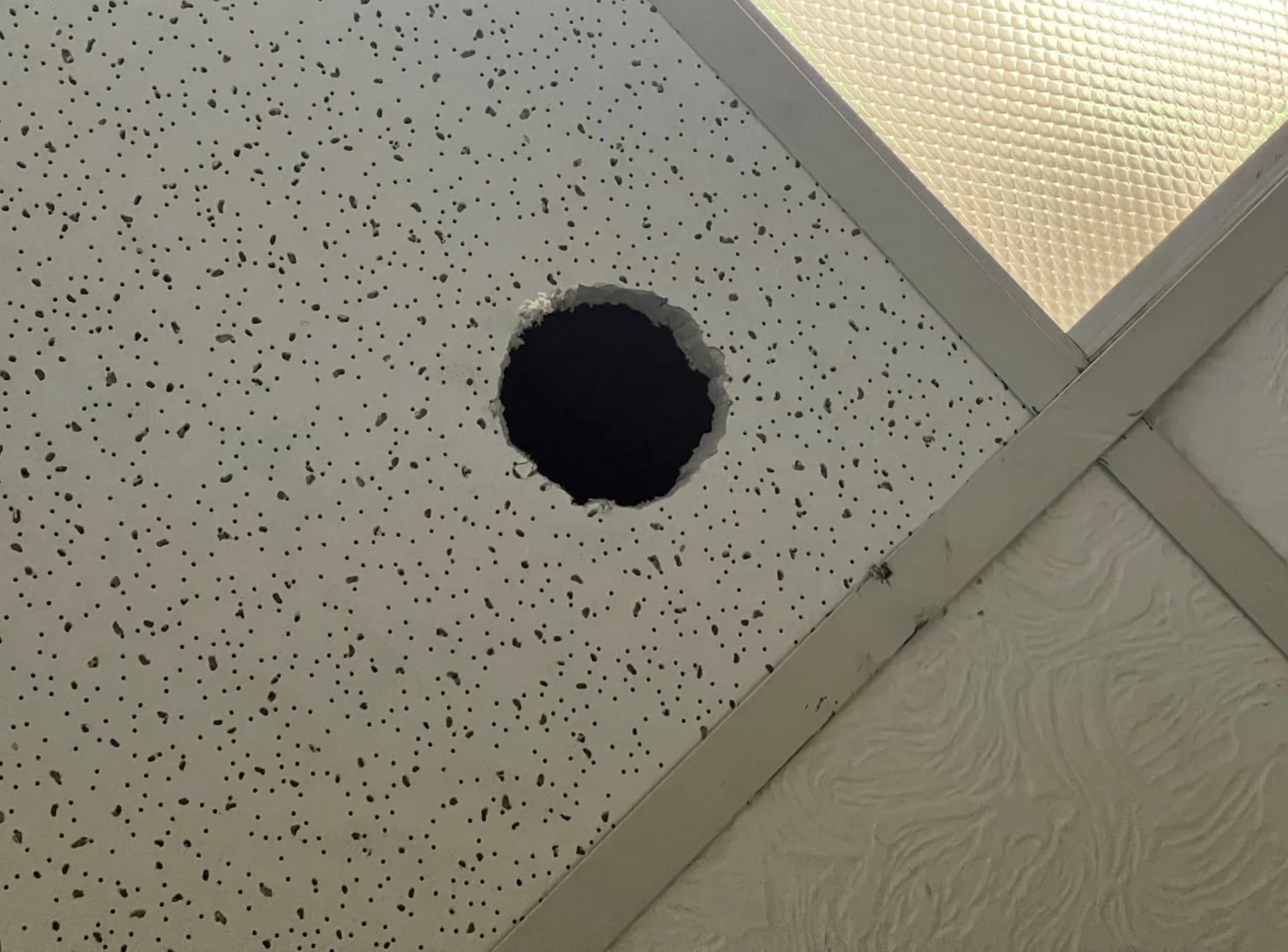 Holes in the ceilings of a Canadian chiropractor's office where fake sprinklers had hung