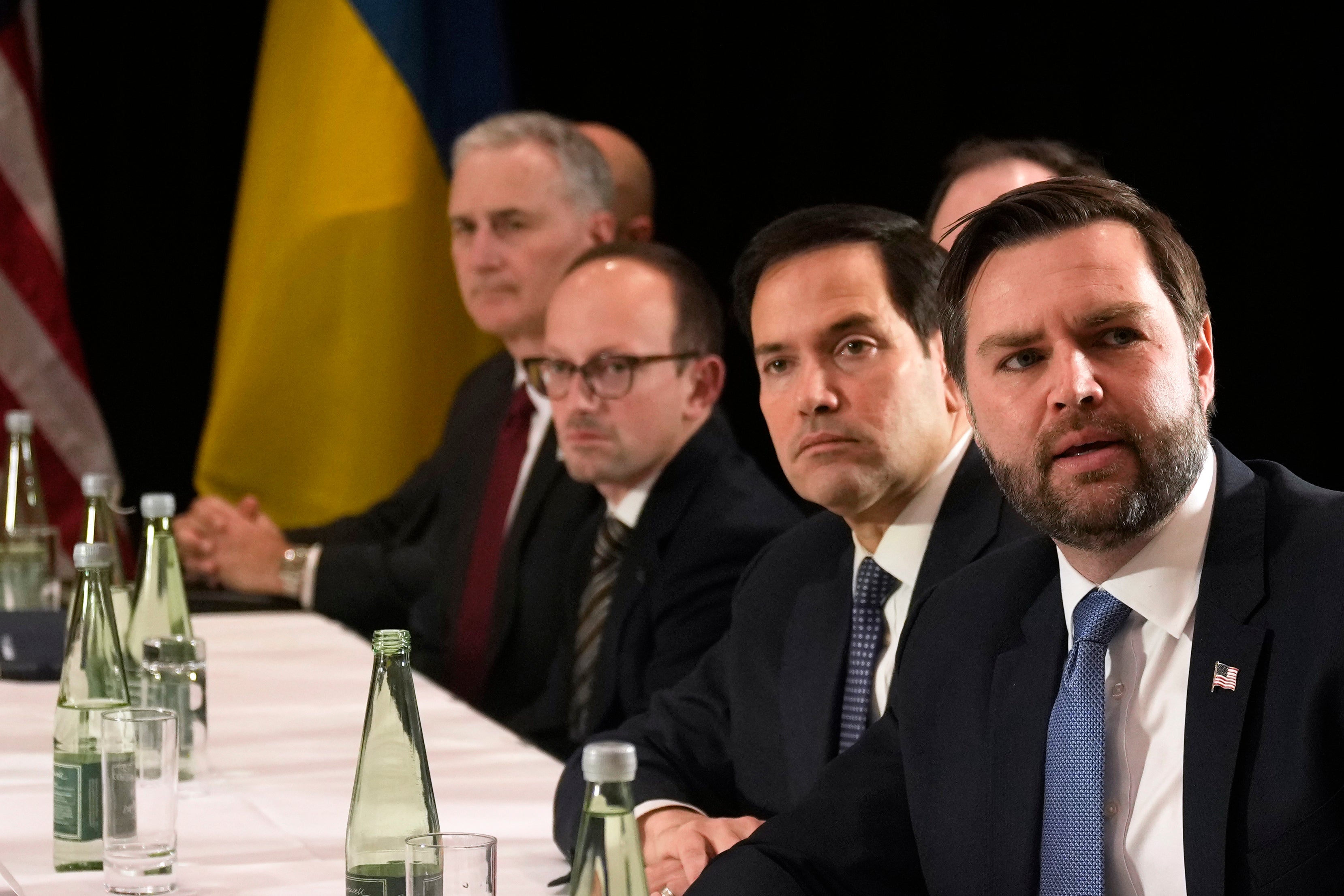United States Vice-President JD Vance, right, and United States Secretary of State Marco Rubio, second right, attend a meeting with Ukraine's President Volodymyr Zelenskyy on the sidelines of the Munich Security Conference in Munich, Germany, Friday, Feb. 14, 2025